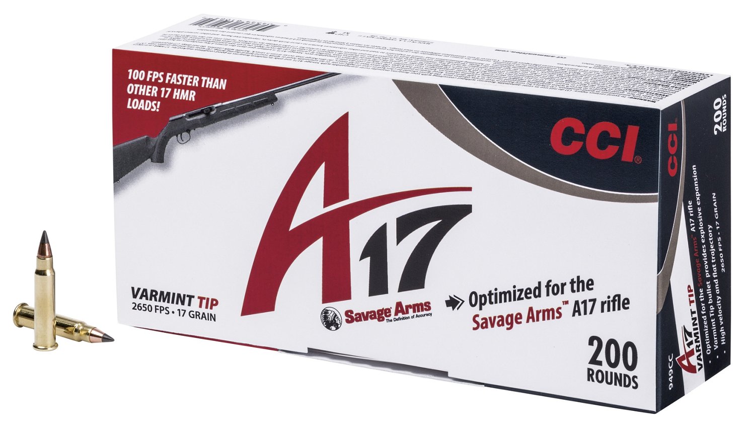 CCI A17 Varmint Tip 17 HMR 17-Grain Rimfire Ammunition - 200 Rounds                                                              - view number 1 selected