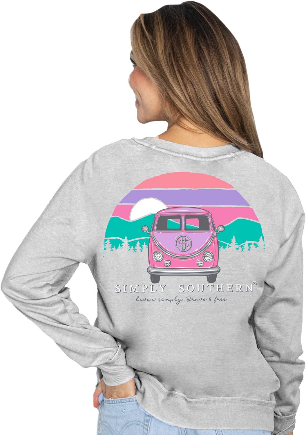 Simply Southern Women's Live Brave And Free Bus Fleece Crew Sweatshirt                                                           - view number 1 selected