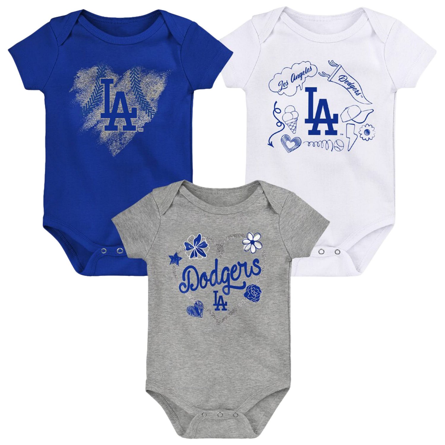 /White/Heathered Gray Los Angeles Dodgers Batter Up 3-Pack Bodysuit Set