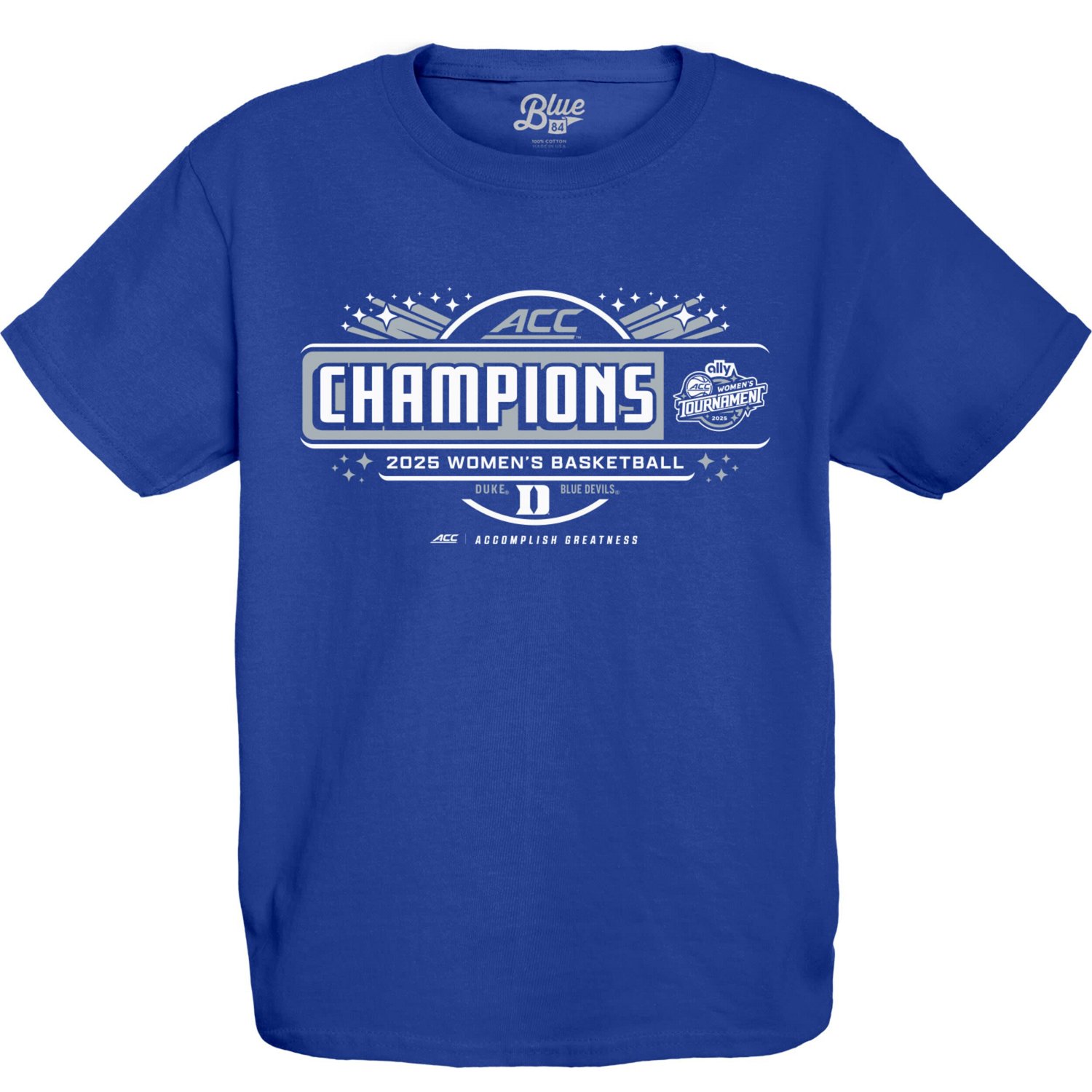 84 Duke Devils 2025 ACC Women's Basketball Conference Tournament Champions Locker Room T-Shirt