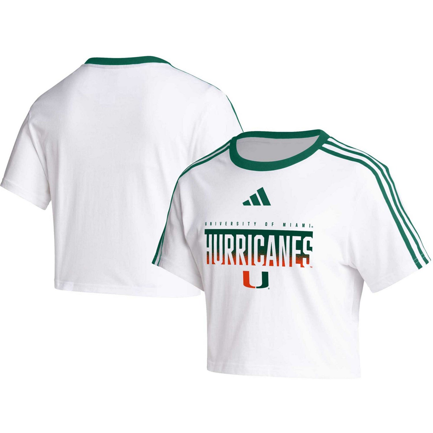 adidas Miami Hurricanes Three-Stripes Cropped T-Shirt