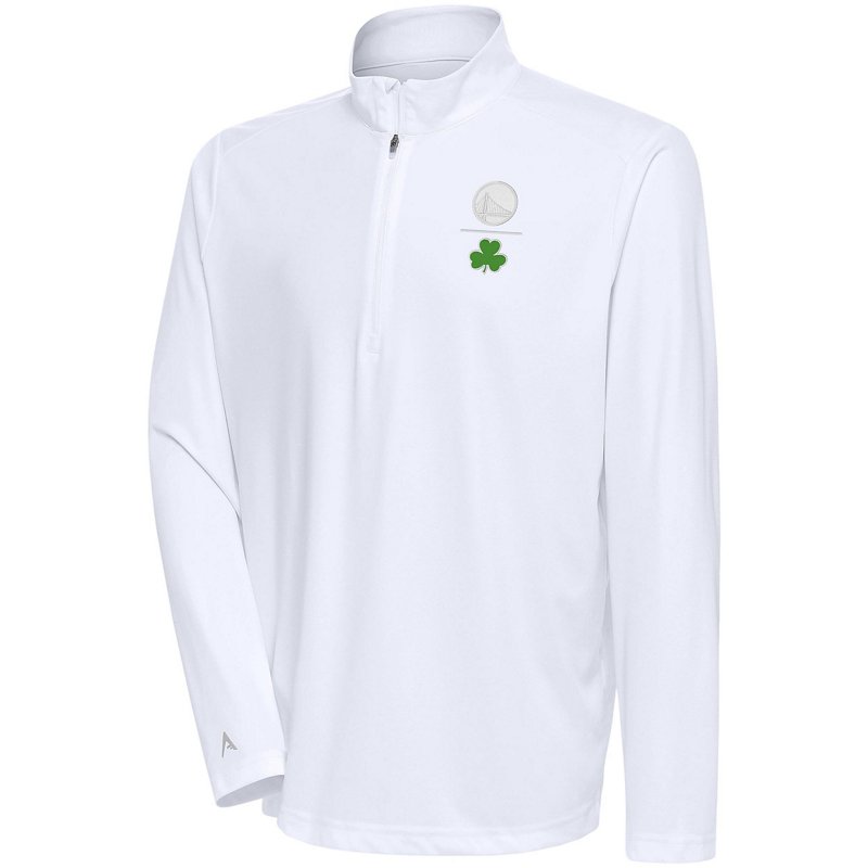 Men's Antigua  White Golden State Warriors Shamrock Tribute Quarter-Zip Pullover Top