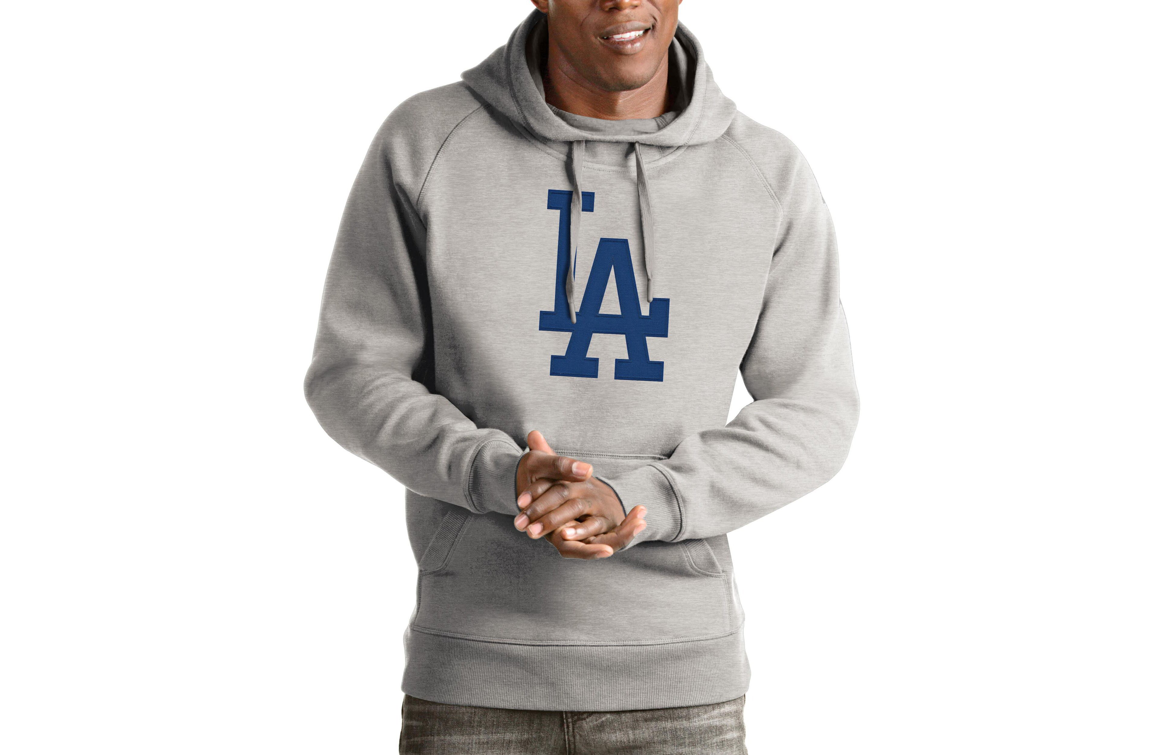 Antigua Heathered Gray Los Angeles Dodgers Victory Pullover Hoodie