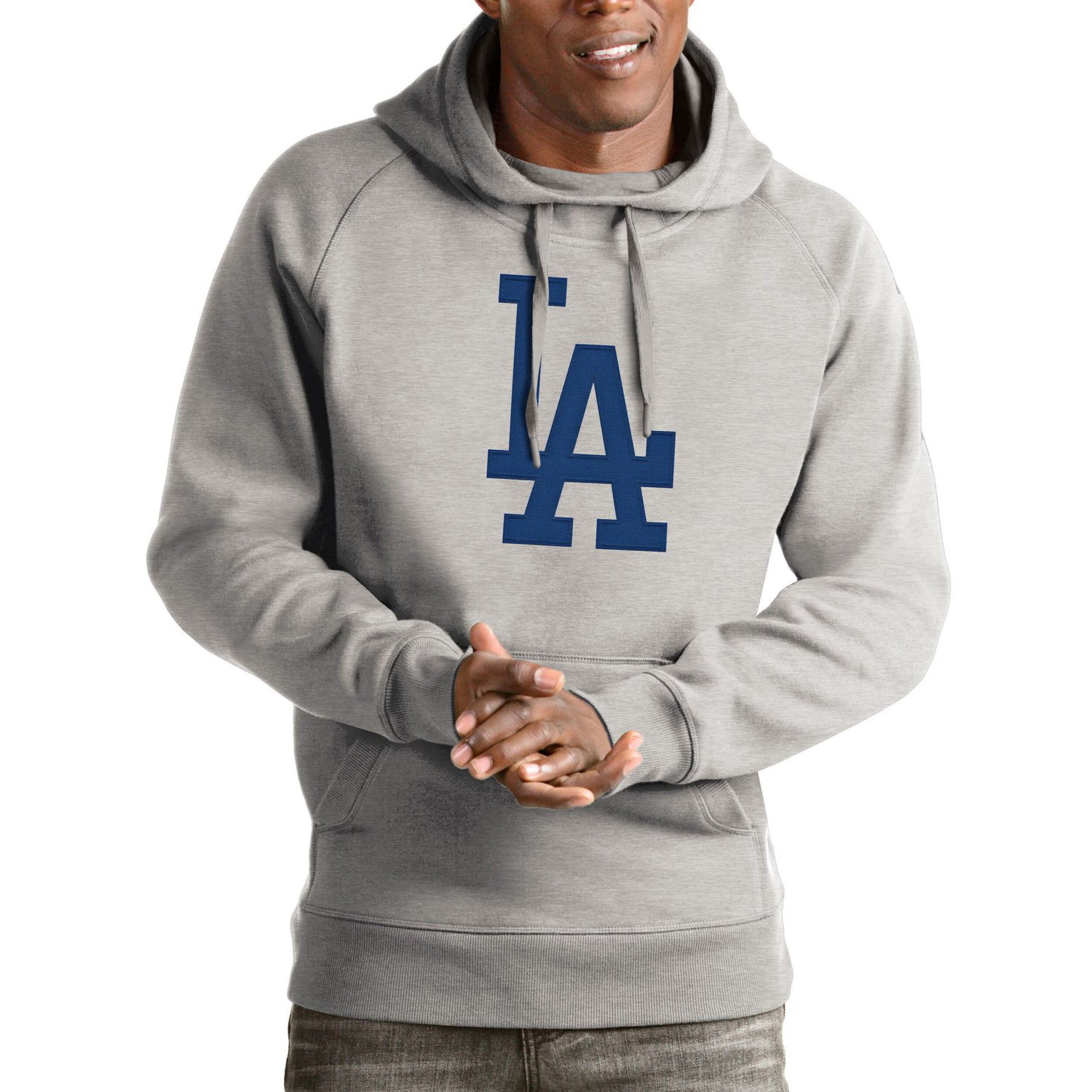Antigua Heathered Gray Los Angeles Dodgers Victory Pullover Hoodie