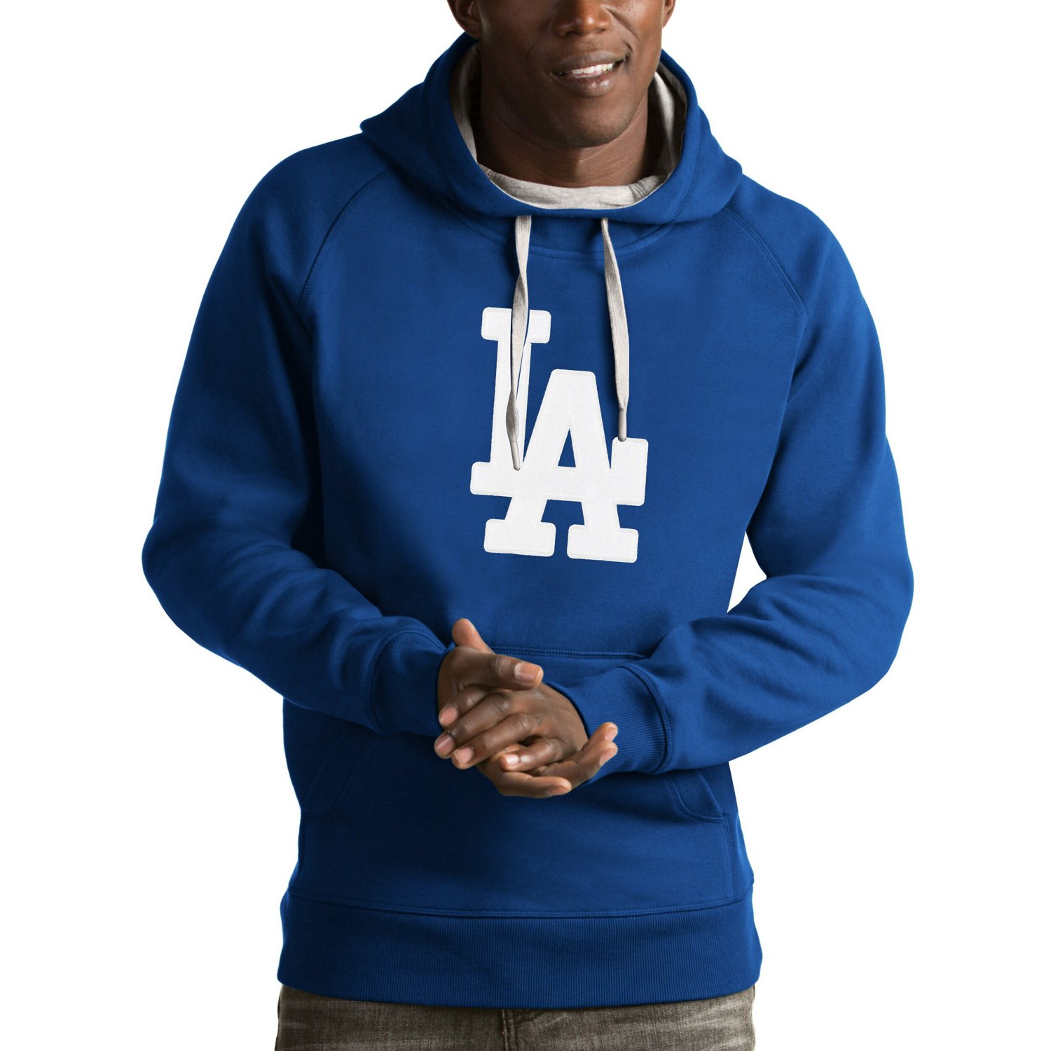 Antigua Heathered Gray Los Angeles Dodgers Victory Pullover Hoodie