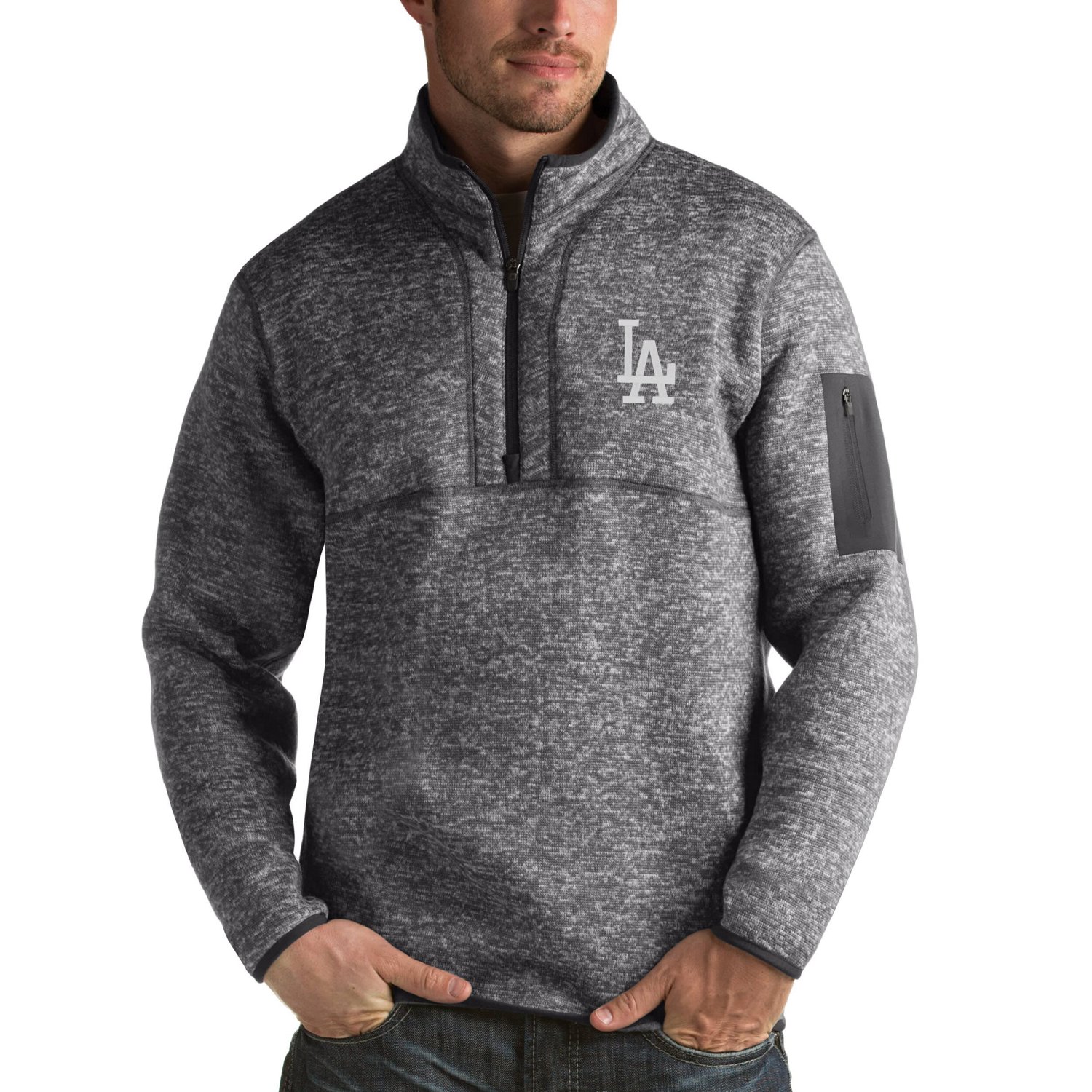 Antigua Heathered Los Angeles Dodgers Fortune Half-Zip Sweater