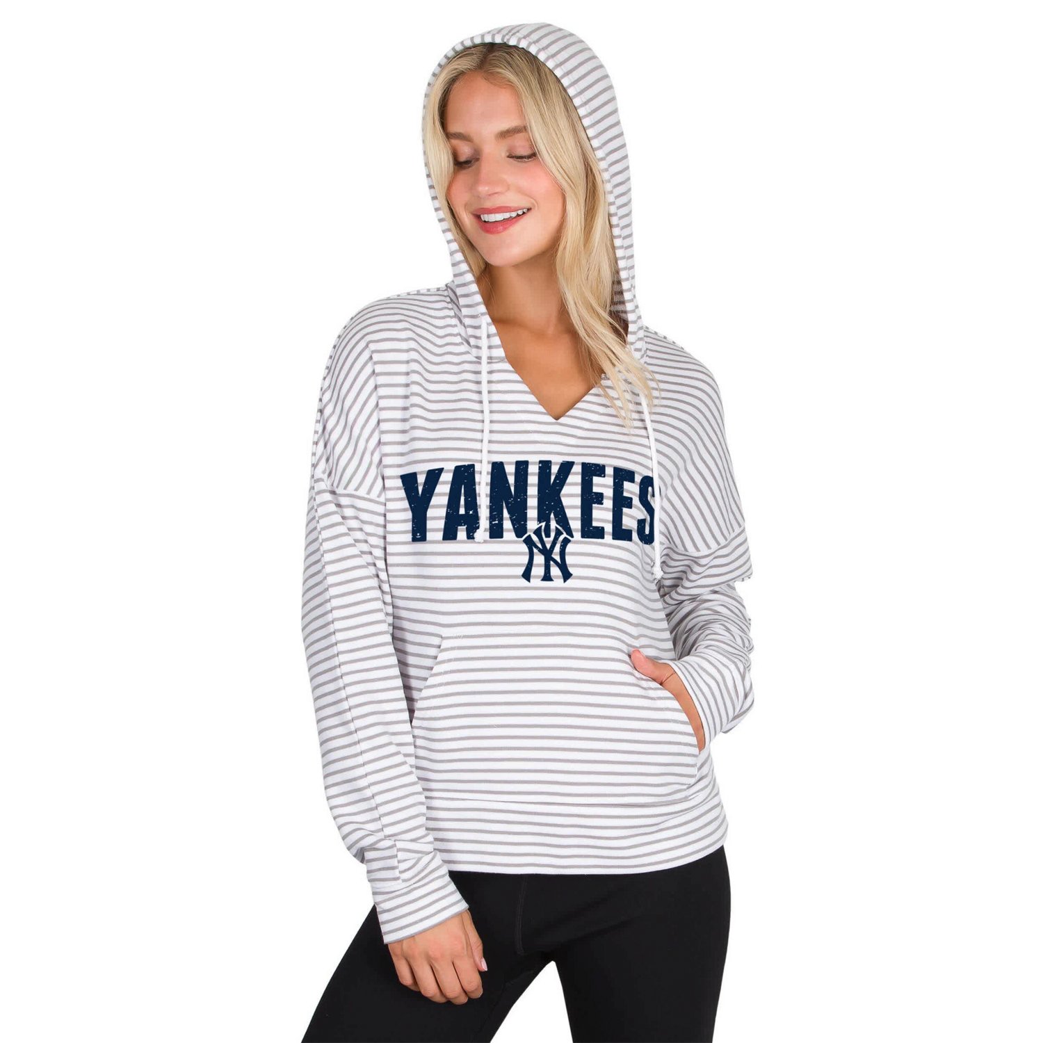 Concepts Sport Gray New York Yankees Liftoff Striped V-Neck Hoodie