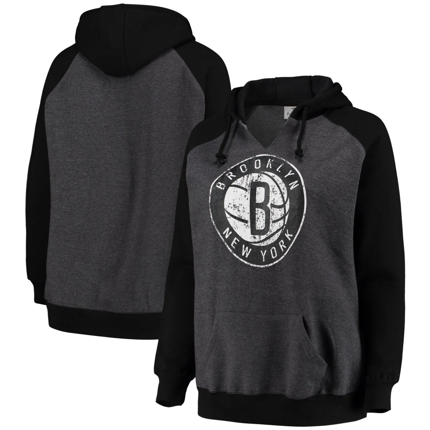 Fanatics Branded Heathered Charcoal/ Brooklyn Nets Plus Size Raglan Notch Neck Pullover Hoodie