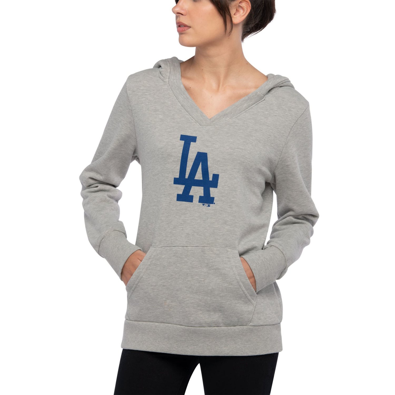 Fanatics Heathered Gray Los Angeles Dodgers Official Logo Crossover V-Neck Pullover Hoodie - view number 4