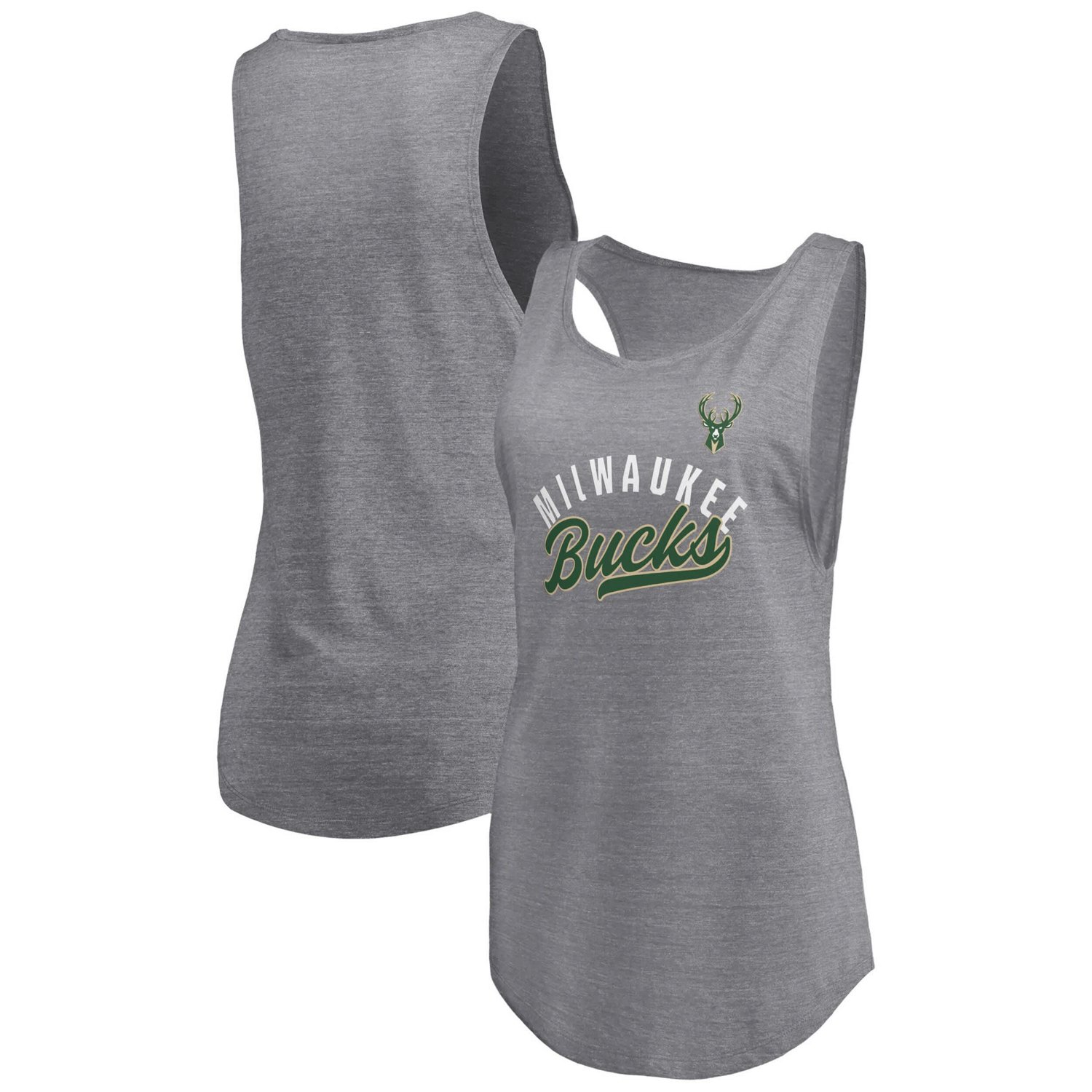 Fanatics Heathered Gray Milwaukee Bucks Quality Time Open Scoop Neck Tri-Blend Tank Top