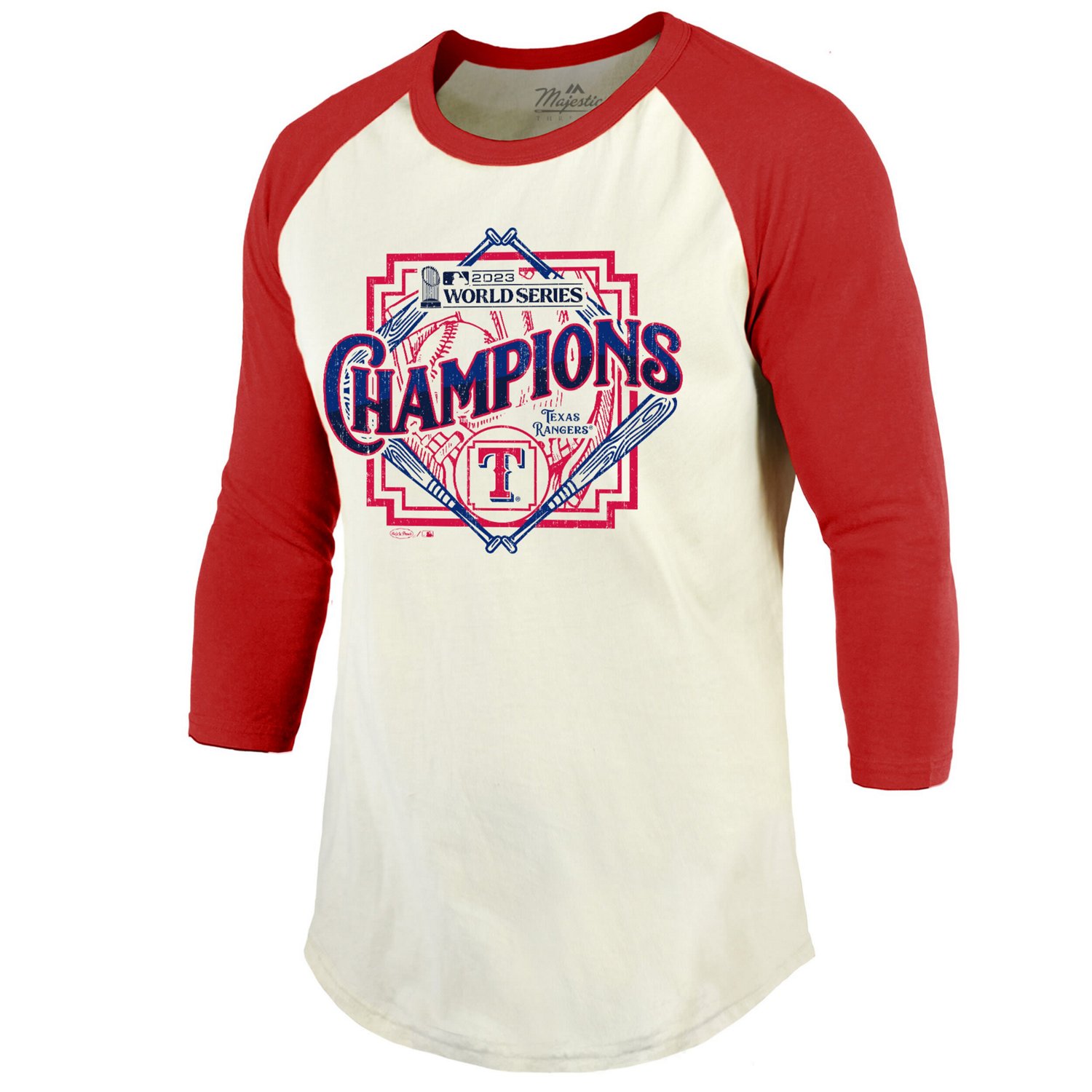 Majestic Threads /Red Texas Rangers 2023 World Series Champions Raglan 3/4-Sleeve T-Shirt                                        - view number 2