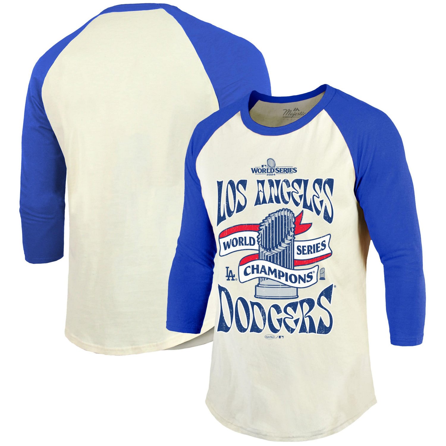 Majestic Threads Royal Los Angeles Dodgers 2024 World Series Champions 3 4-Sleeve Raglan Tri-Blend T-Shirt