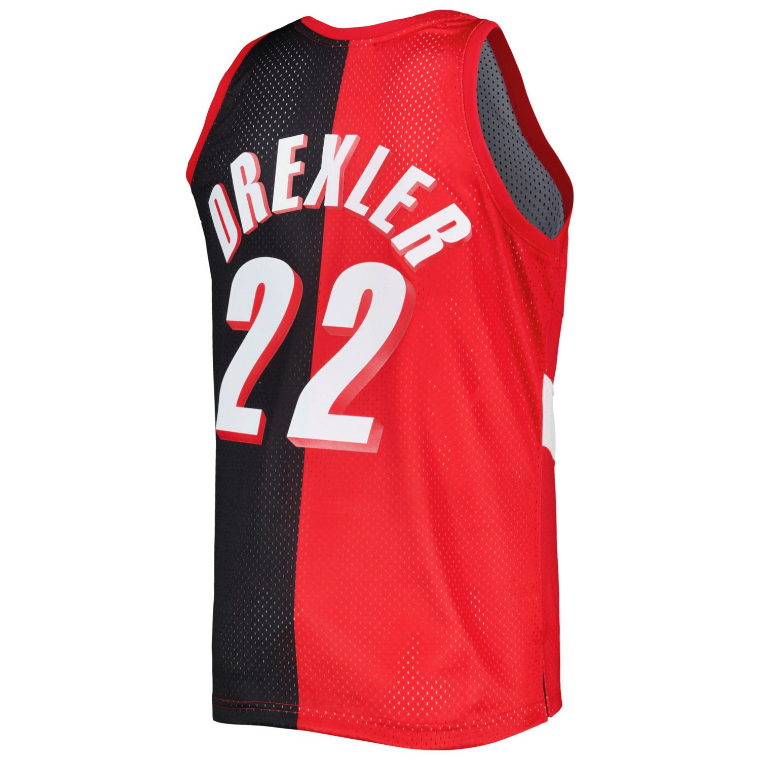 Men s Mitchell Ness Clyde Drexler Red Black Portland Trail Blazers Hardwood Classics 1991 92 Split Swingman Jersey Size Large