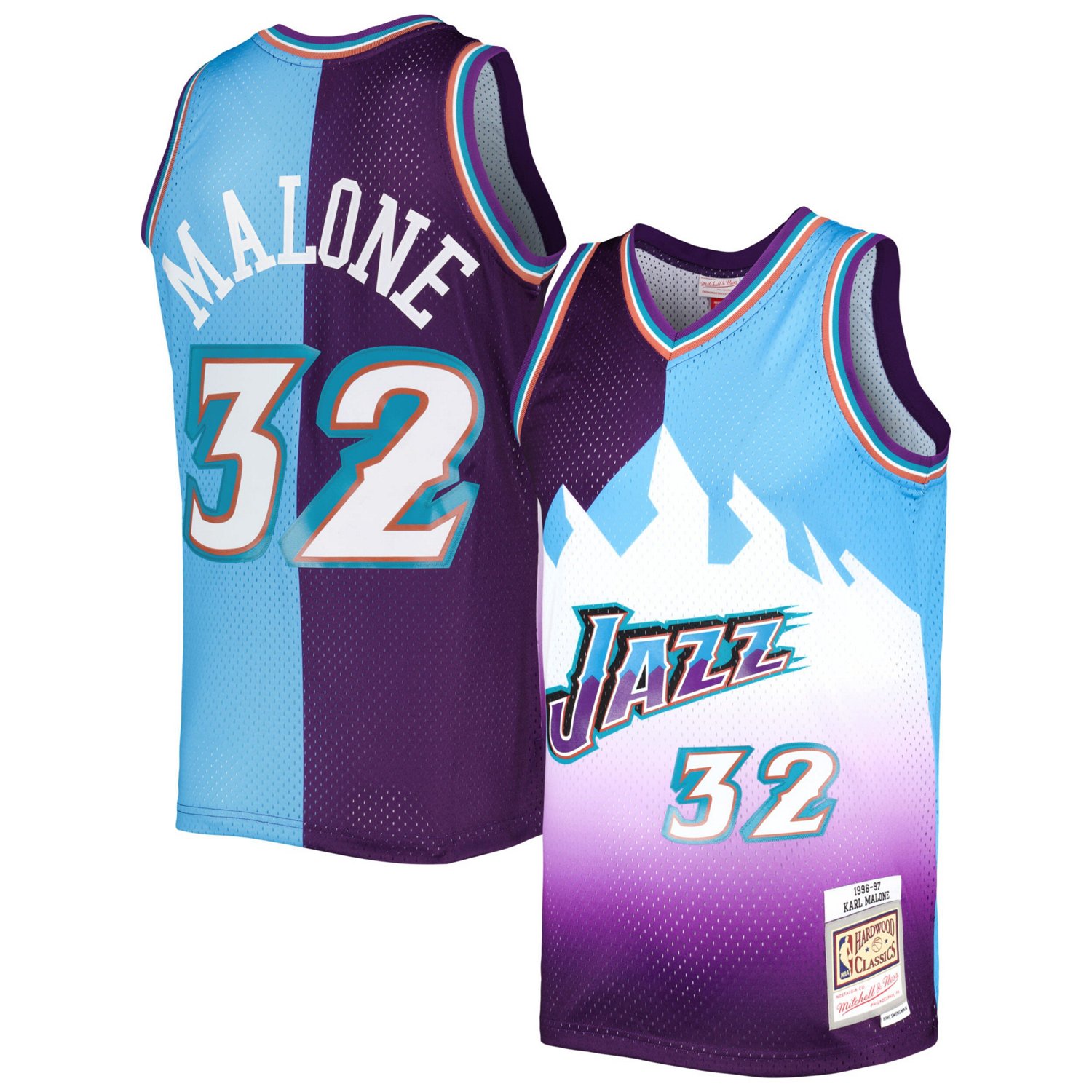 Mitchell  Ness Karl Malone /Turquoise Utah Jazz Hardwood Classics 1996/97 Split Swingman Jersey                                  - view number 1