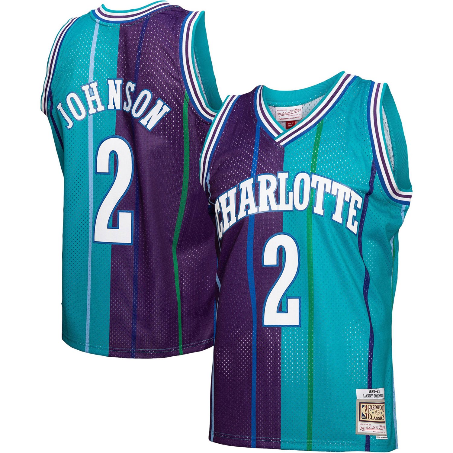 Mitchell  Ness Larry Johnson /Purple Charlotte Hornets Hardwood Classics 1992/93 Split Swingman Jersey