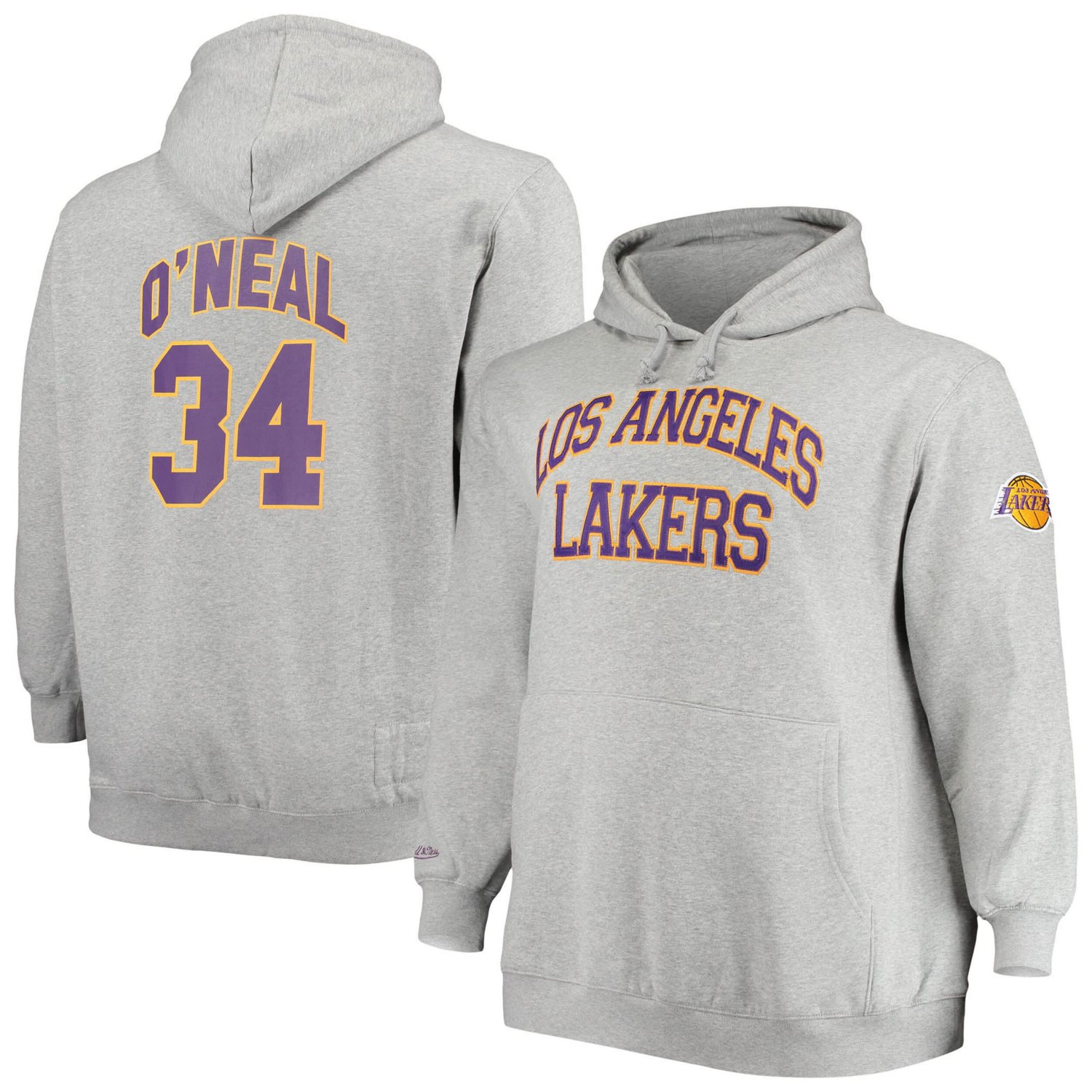 Mitchell  Ness Shaquille O'Neal Heathered Gray Los Angeles Lakers Big  Tall Name  Number Pullover Hoodie                         - view number 1