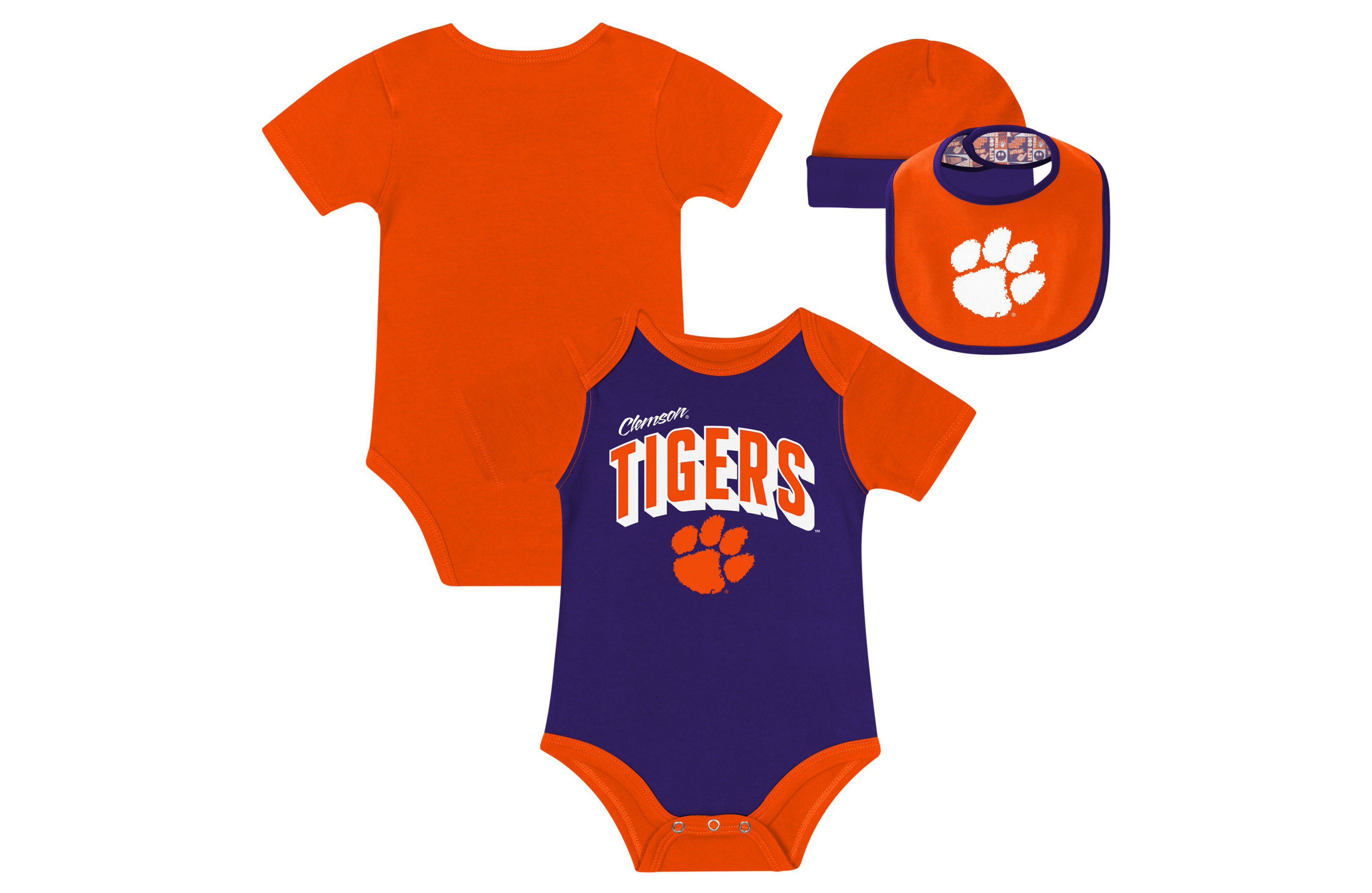 Newborn  Clemson Tigers Dynamic Duo Bodysuit Bib Cuffed Knit Hat Set