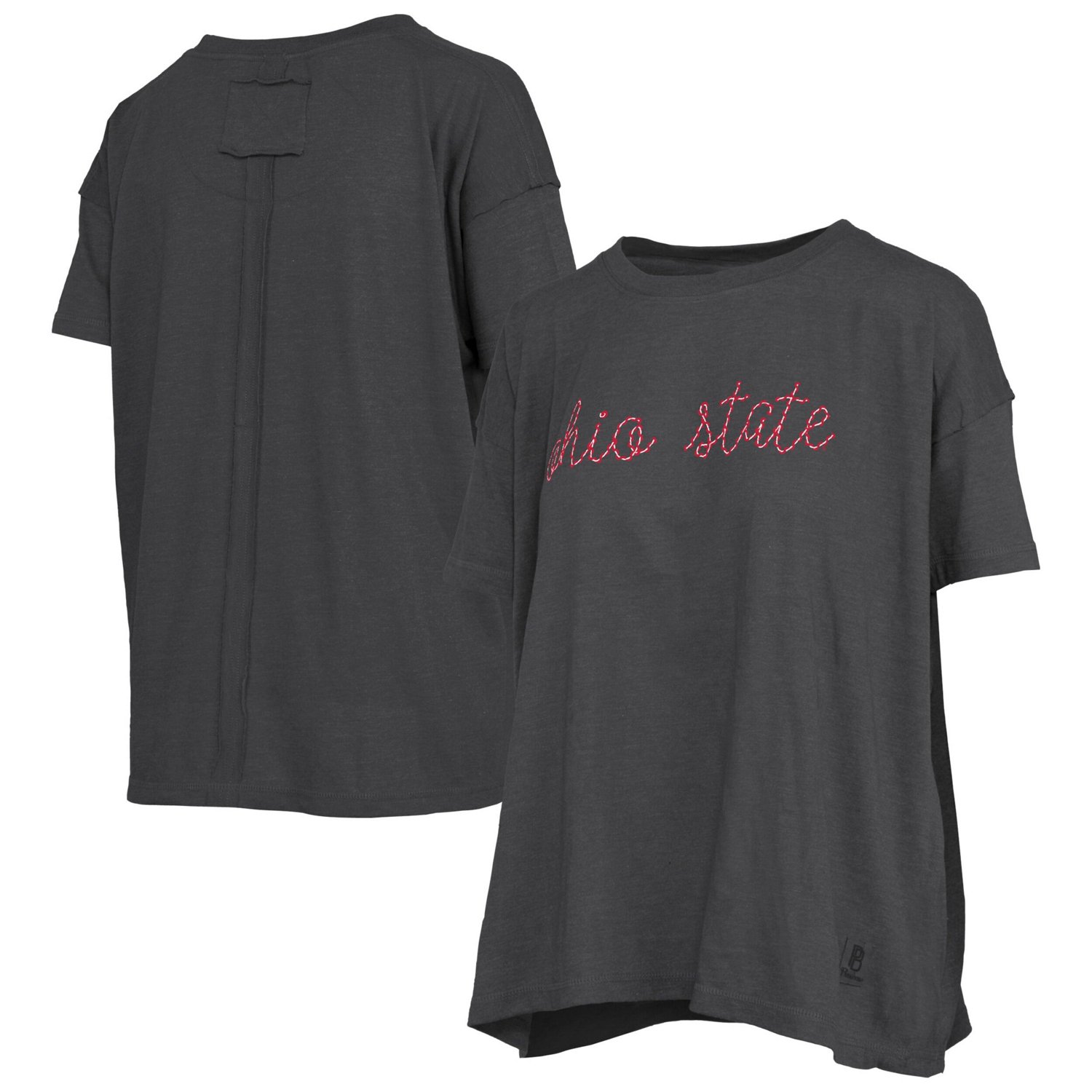 Pressbox Heather Ohio State Buckeyes Swirl Script Twisted Team Color Stitched Oversized T-Shirt