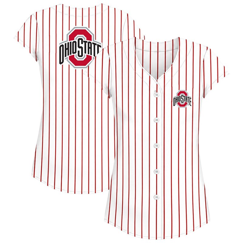 Profile Scarlet Ohio State Buckeyes Plus Size Stripe Glitter Button-Up Fashion Jersey Top