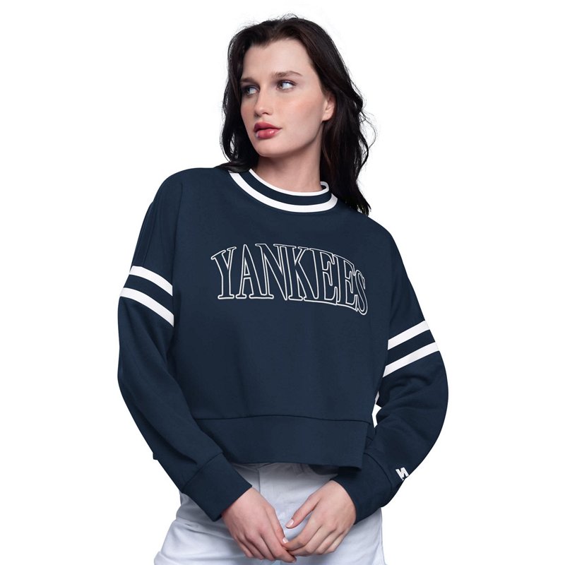 Starter Women's Navy New York Yankees Power Play Cropped Pullover Sweatshirt - Navy