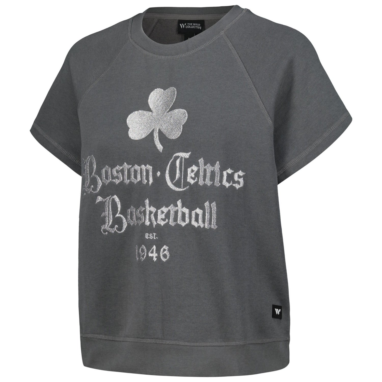 The Wild Collective Boston Celtics Embroidered Fleece Raglan Short Sleeve Pullover Sweatshirt