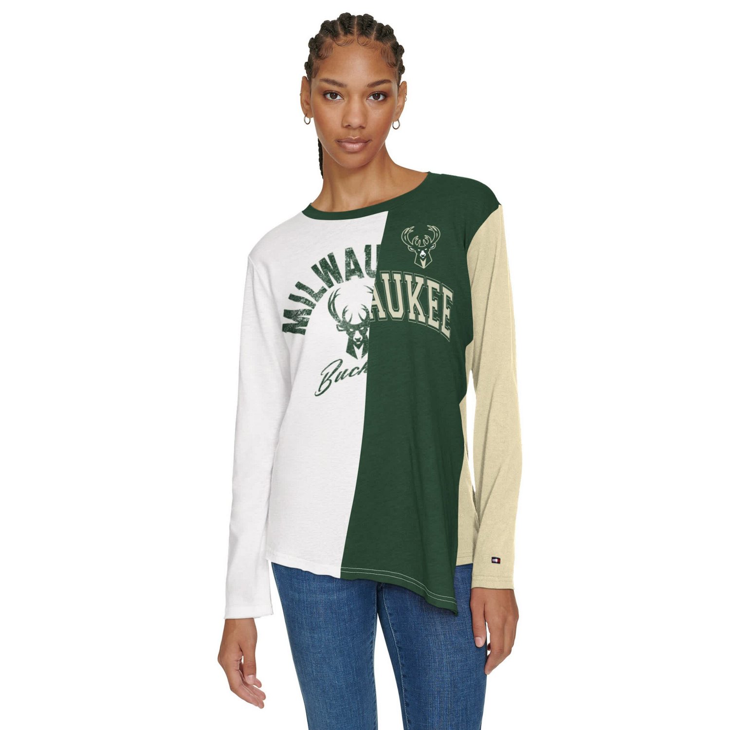 Tommy Jeans Hunter Green Milwaukee Bucks Amelia Color Blocked Long Sleeve T-Shirt