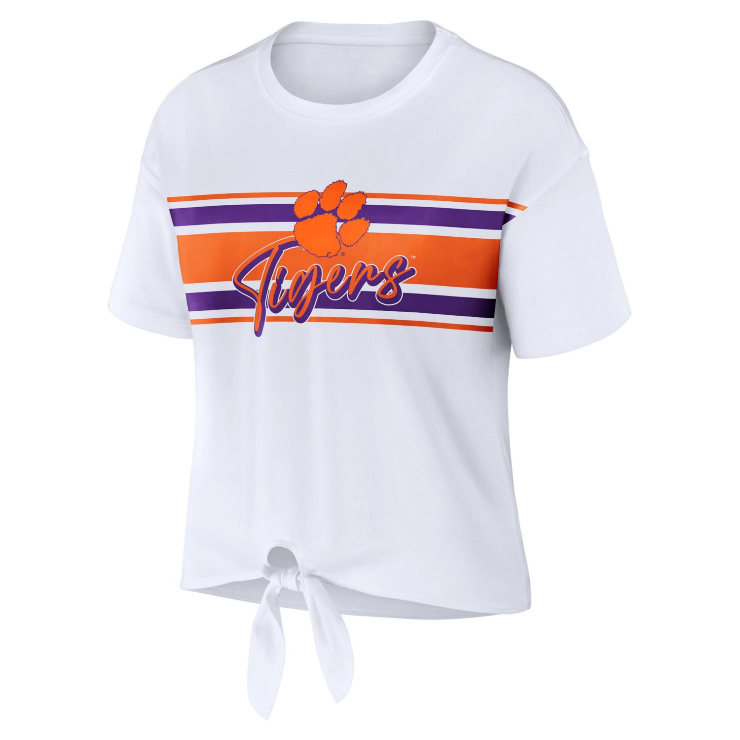 WEAR by Erin Andrews Clemson Tigers Striped Front Knot Cropped T-Shirt - view number 2