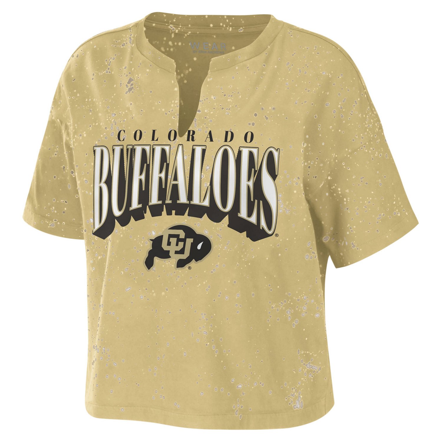 WEAR by Erin Andrews Colorado Buffaloes Bleach Wash Splatter Cropped Notch Neck T-Shirt - view number 2