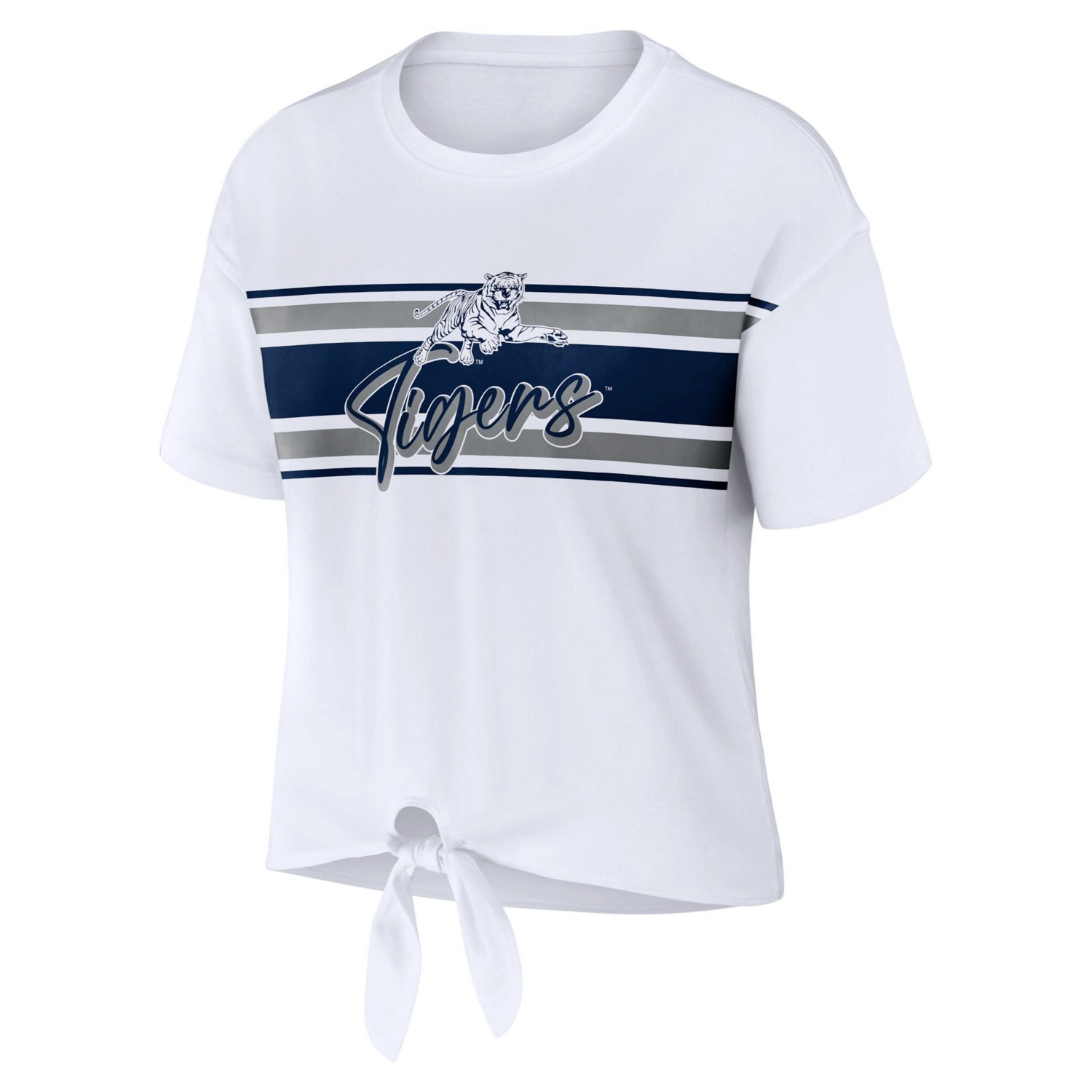 WEAR by Erin Andrews Jackson State Tigers Striped Front Knot Cropped T-Shirt - view number 2