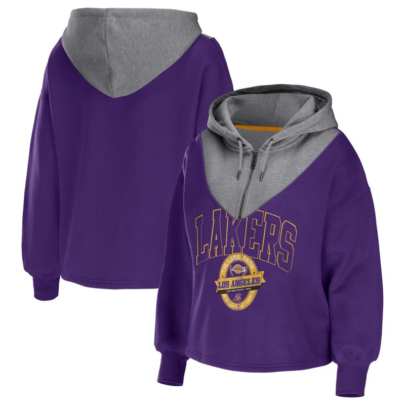 Wear By Erin Andrews Los Angeles Lakers Pieced Quarter-Zip Hoodie Jacket-image