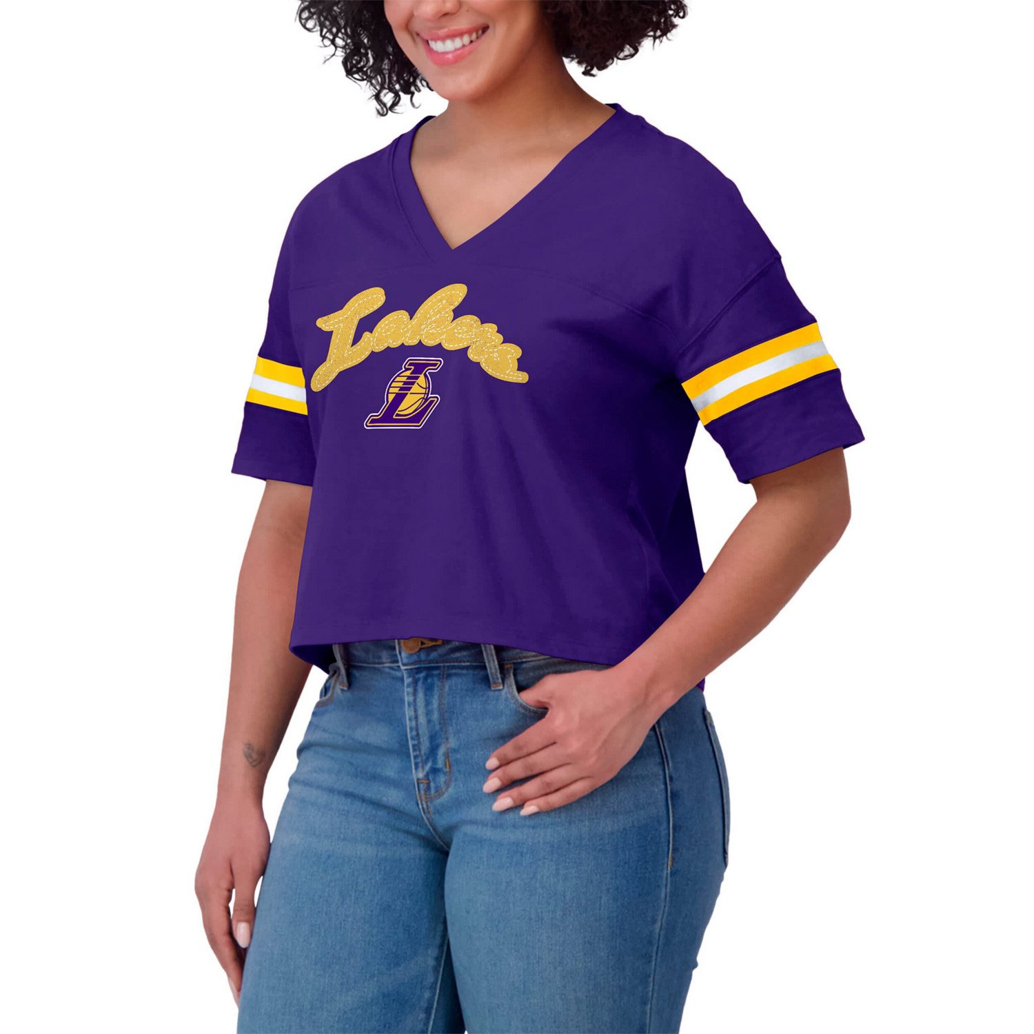 WEAR by Erin Andrews Los Angeles Lakers Plus Size Color Block Boxy V-Neck T-Shirt - view number 4