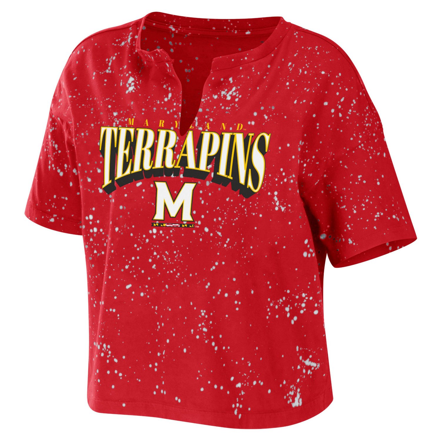 WEAR by Erin Andrews Maryland Terrapins Bleach Wash Splatter Cropped Notch Neck T-Shirt - view number 2