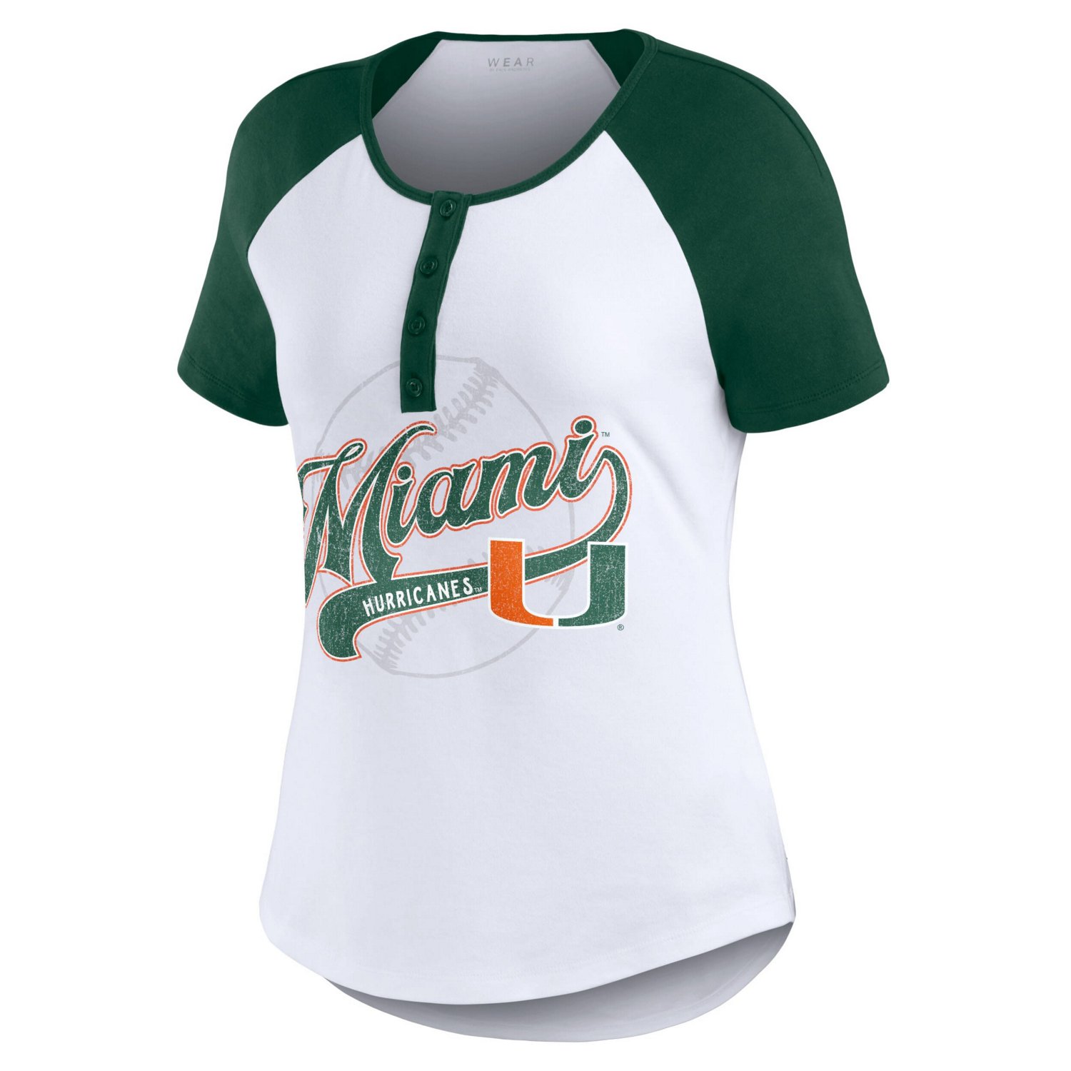 WEAR by Erin Andrews Miami Hurricanes Baseball Logo Raglan Henley T-Shirt - view number 2