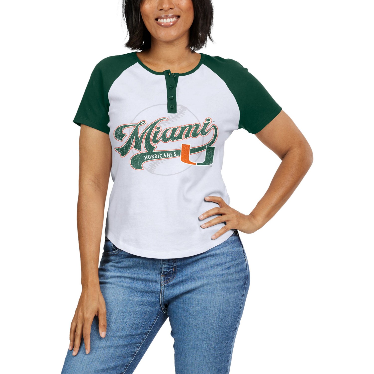 WEAR by Erin Andrews Miami Hurricanes Baseball Logo Raglan Henley T-Shirt - view number 4