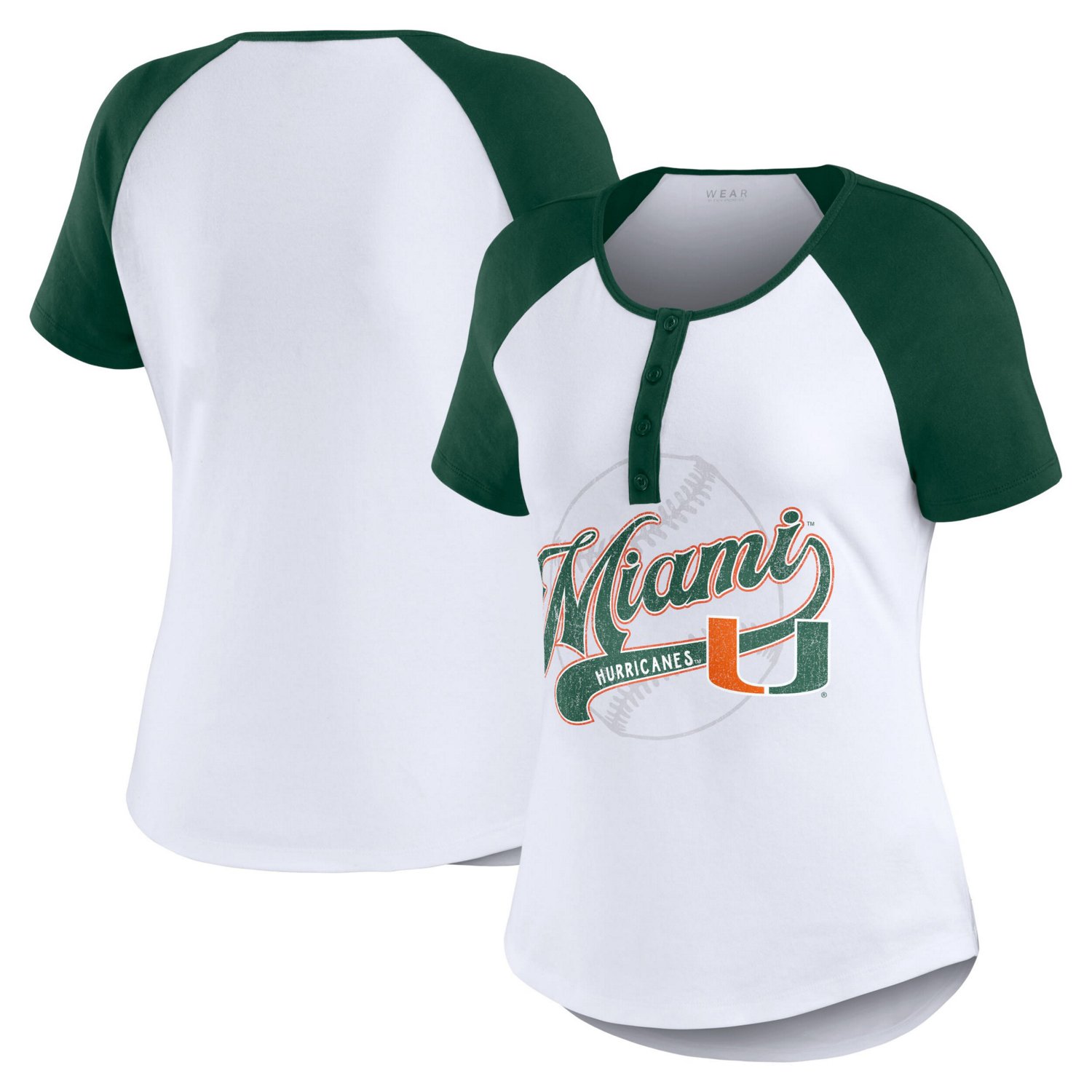 WEAR by Erin Andrews Miami Hurricanes Baseball Logo Raglan Henley T-Shirt - view number 1