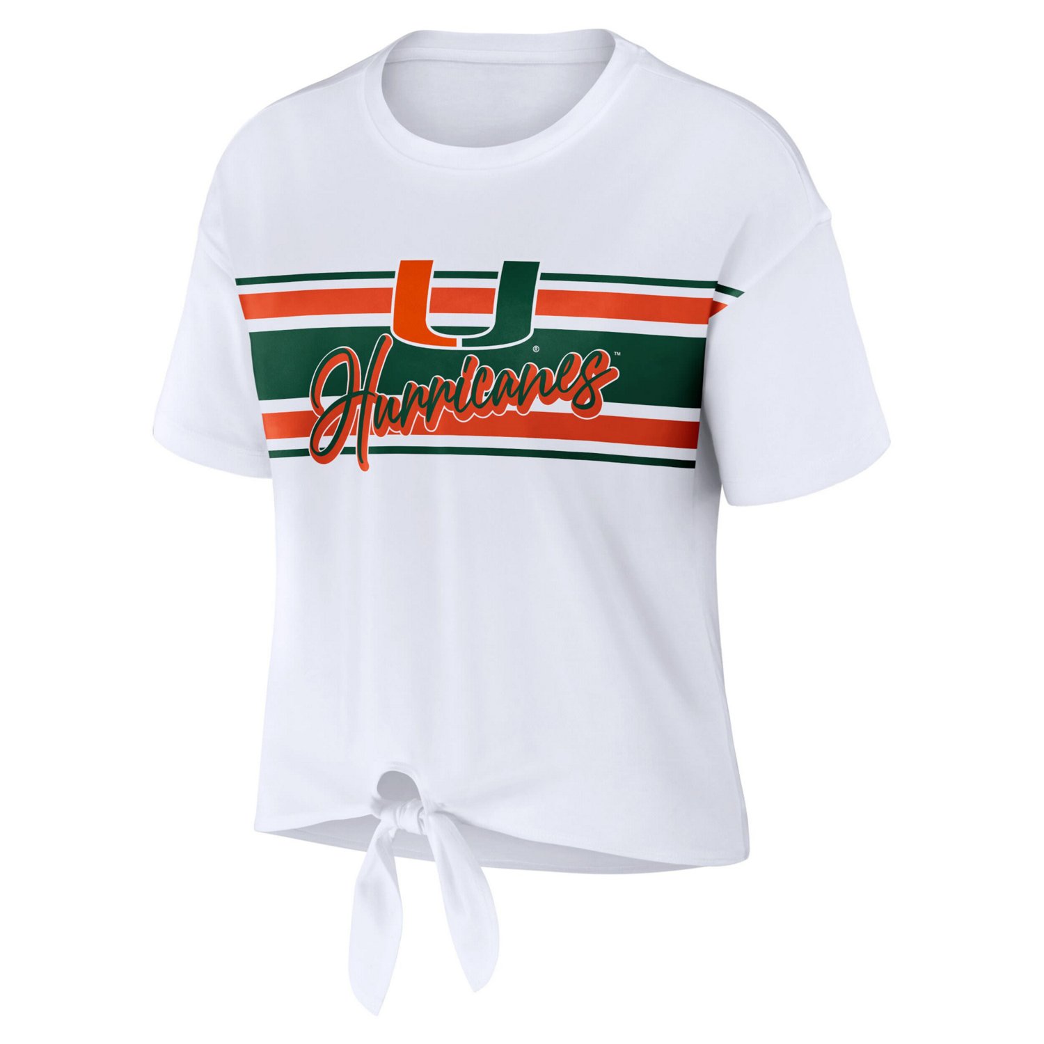 WEAR by Erin Andrews Miami Hurricanes Striped Front Knot Cropped T-Shirt - view number 2