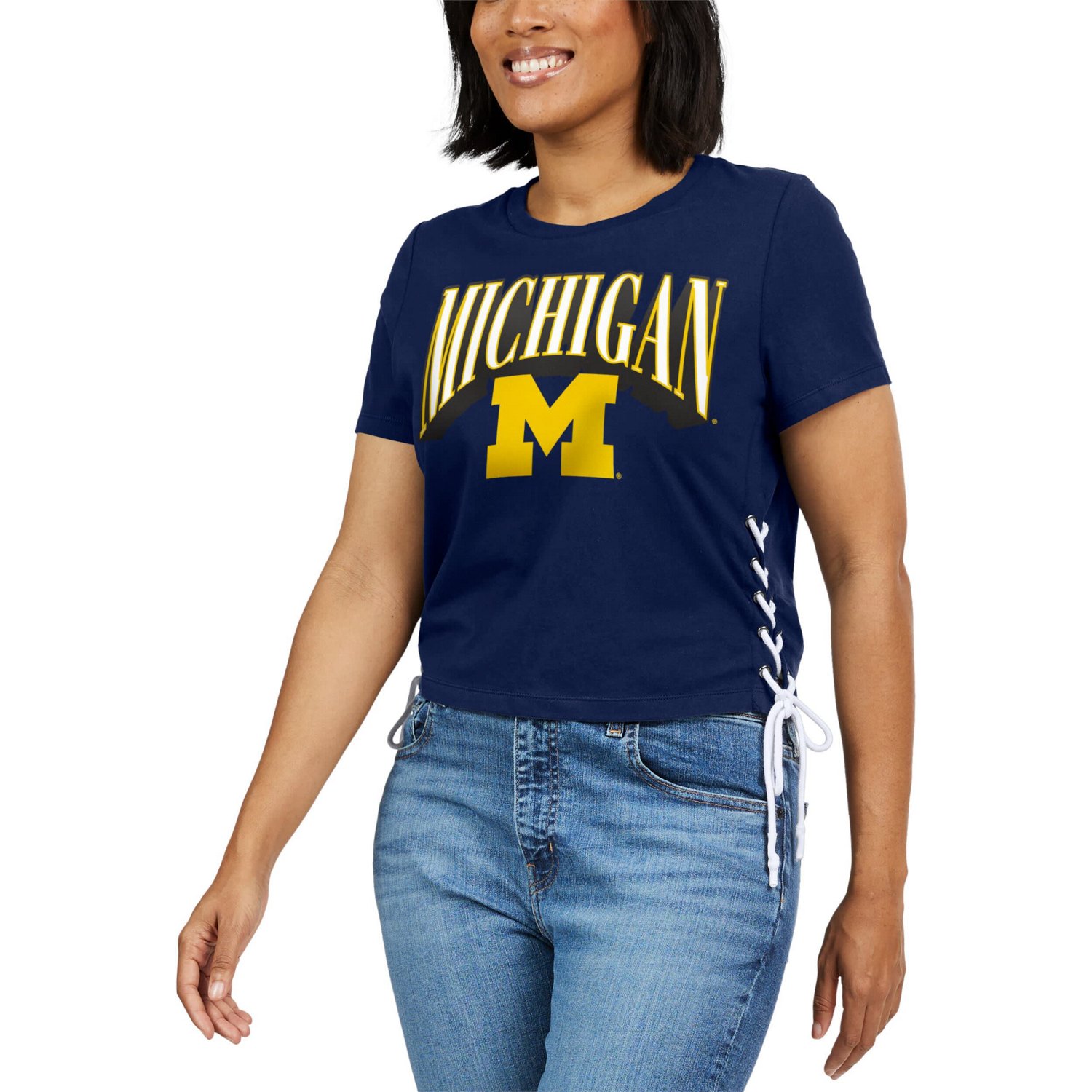 WEAR by Erin Andrews Michigan Wolverines Side Lace-Up Modest Crop T-Shirt - view number 4