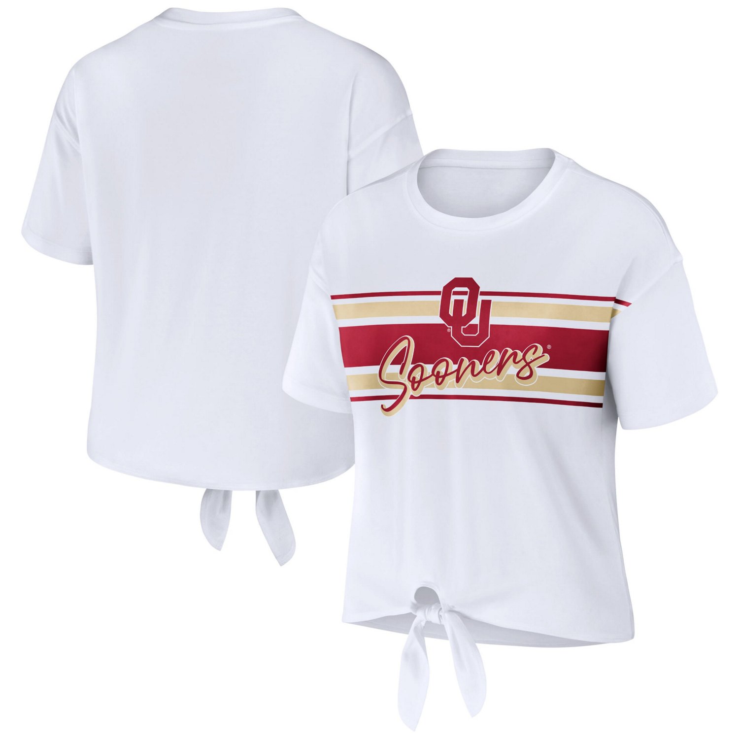 WEAR by Erin Andrews Oklahoma Sooners Striped Front Knot Cropped T-Shirt - view number 1