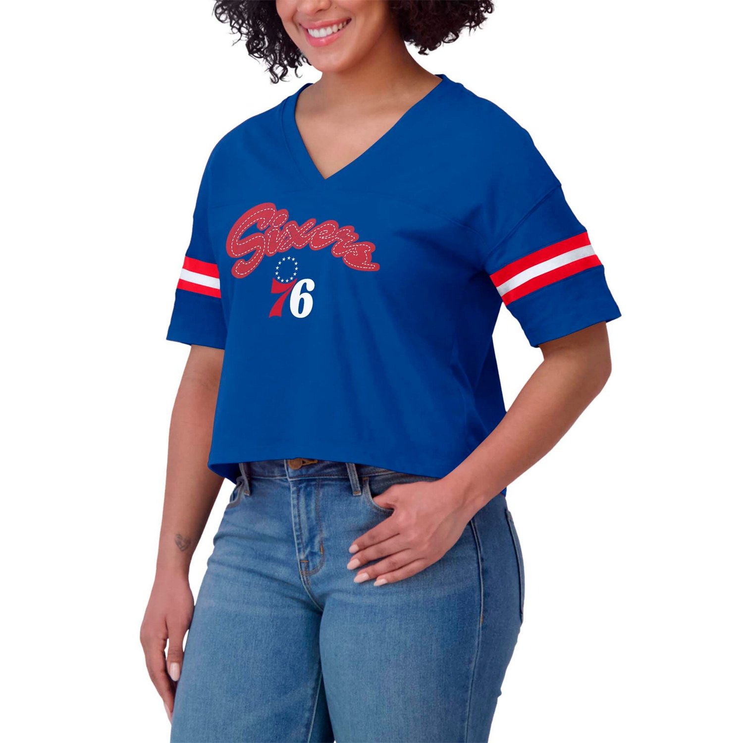 WEAR by Erin Andrews Philadelphia 76ers Plus Size Color Block Boxy V-Neck T-Shirt - view number 4