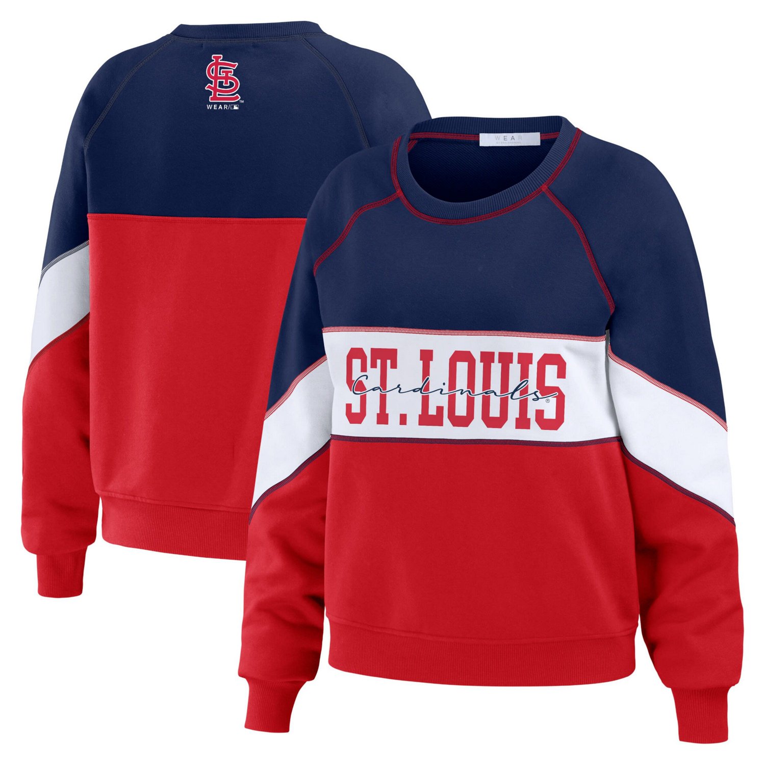 WEAR by Erin Andrews Red St Louis Cardinals Color Block Crew Neck Pullover Sweatshirt