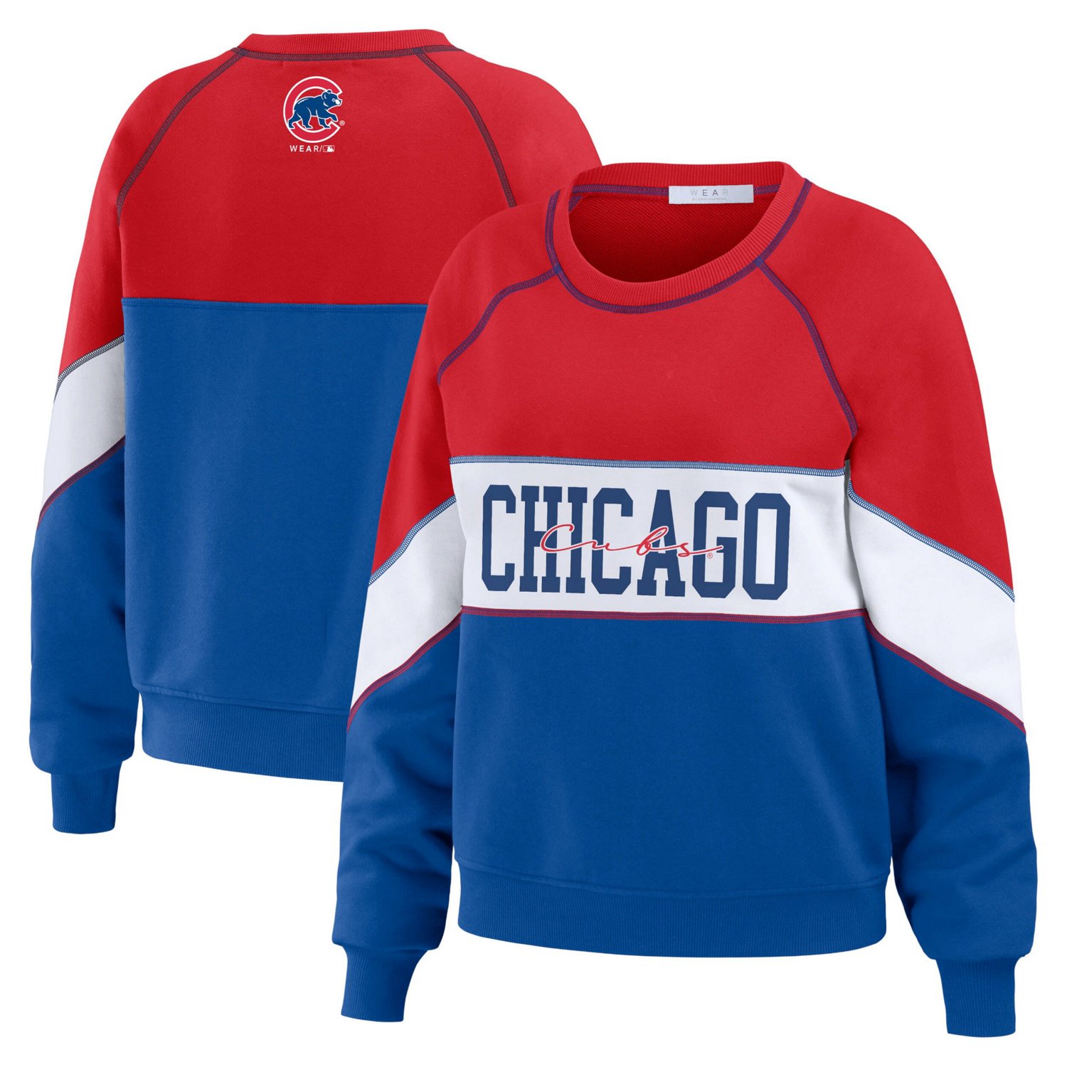 WEAR by Erin Andrews Royal Chicago Cubs Color Block Crew Neck Pullover Sweatshirt