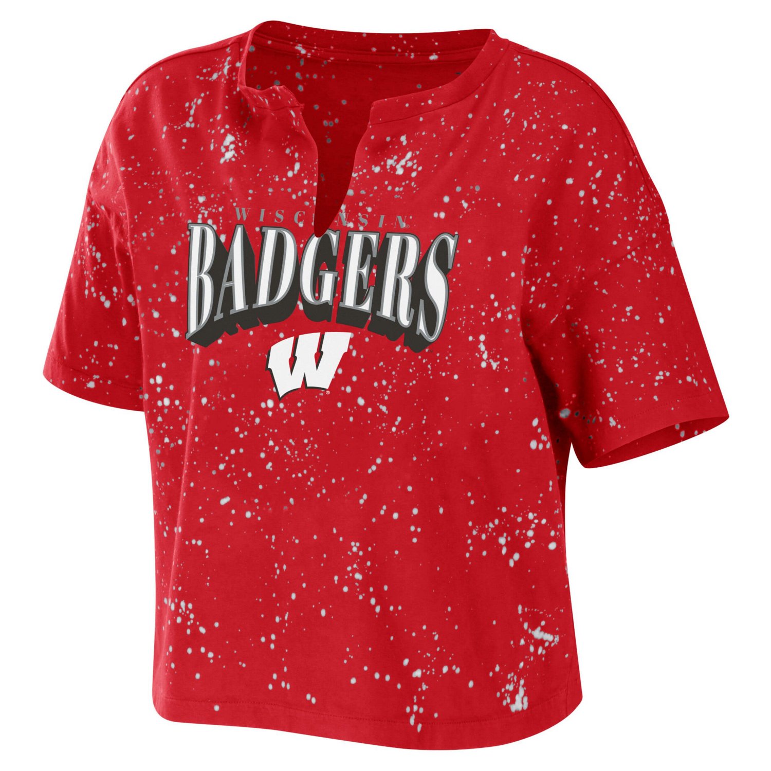WEAR by Erin Andrews Wisconsin Badgers Bleach Wash Splatter Cropped Notch Neck T-Shirt - view number 2