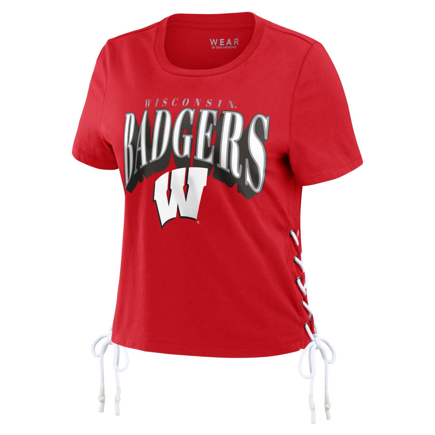 WEAR by Erin Andrews Wisconsin Badgers Side Lace-Up Modest Crop T-Shirt