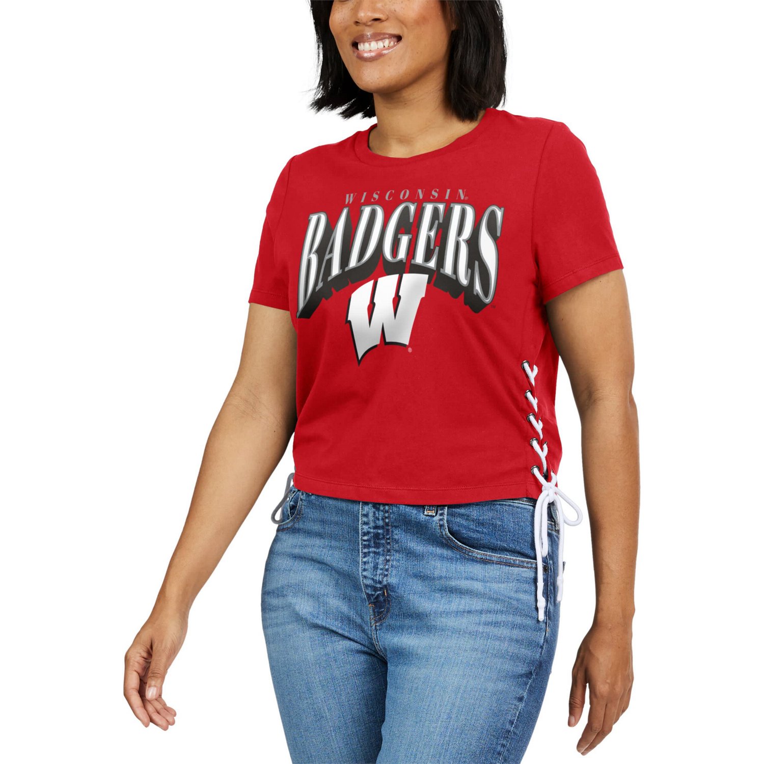WEAR by Erin Andrews Wisconsin Badgers Side Lace-Up Modest Crop T-Shirt