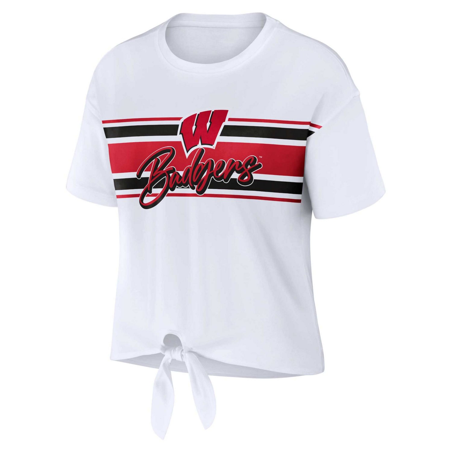 WEAR by Erin Andrews Wisconsin Badgers Striped Front Knot Cropped T-Shirt - view number 2