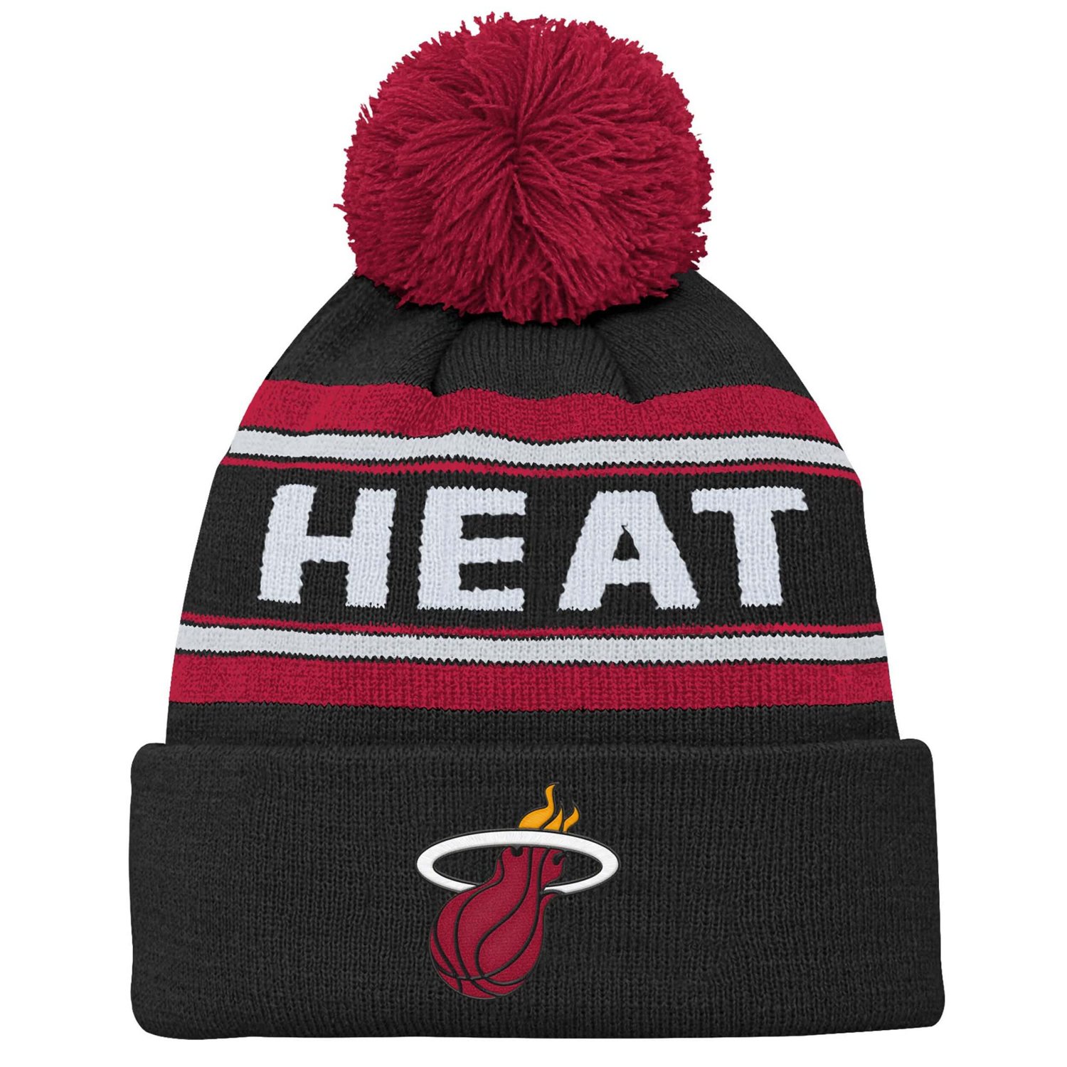 Youth Miami Heat Backboard Jacquard Cuffed Knit Hat with Pom