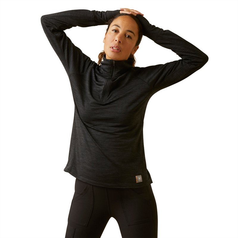 Women's Rebar Gridwork 1/4 Zip Baselayer T-Shirt in Black Polyester/Elastane, Size: XS by Ariat
