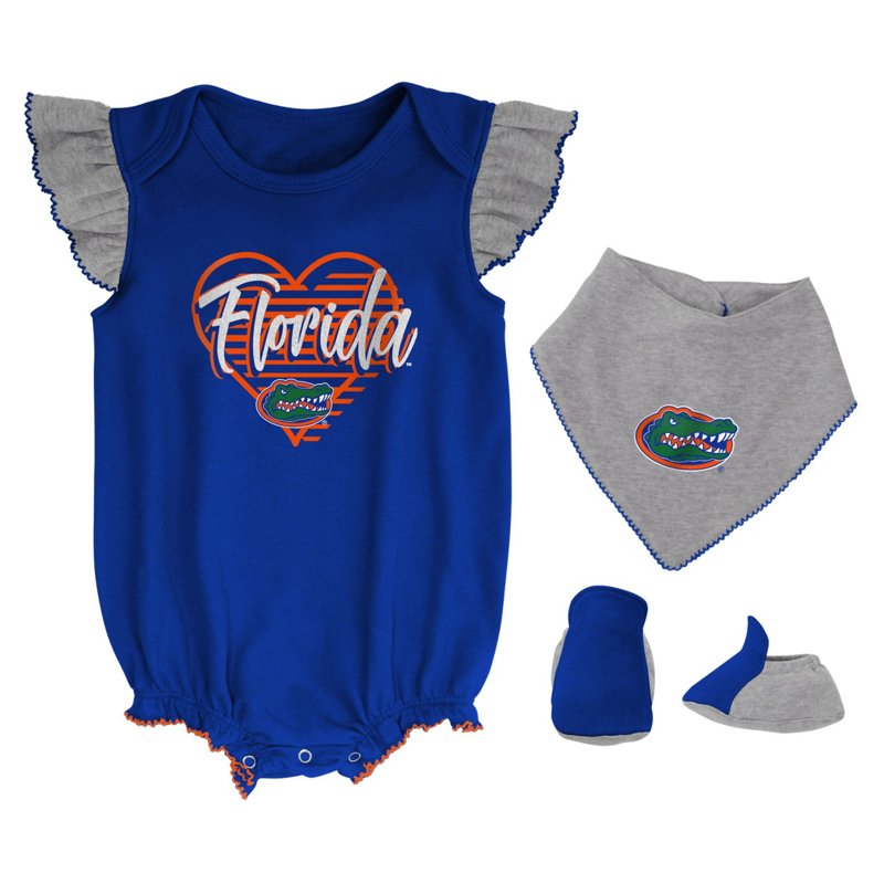 Outerstuff Girls Newborn /Heather Gray Florida Gators All The Love Bodysuit Bib Booties Set Royal, 6-9 Months Infant - NCAA Youth Apparel