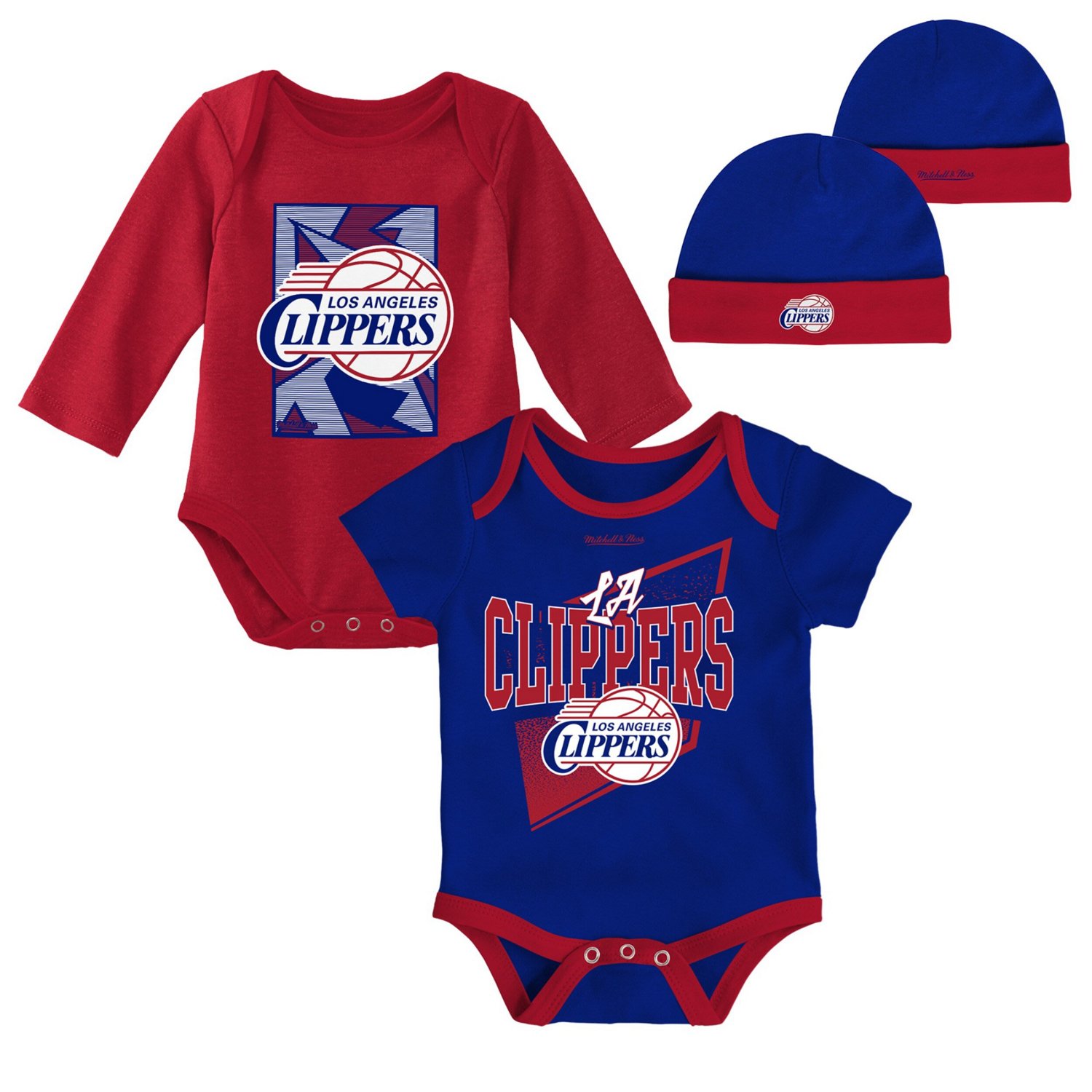 Newborn  Mitchell Ness Red LA Clippers 3-Piece Hardwood Classics Bodysuits Cuffed Knit Hat Set