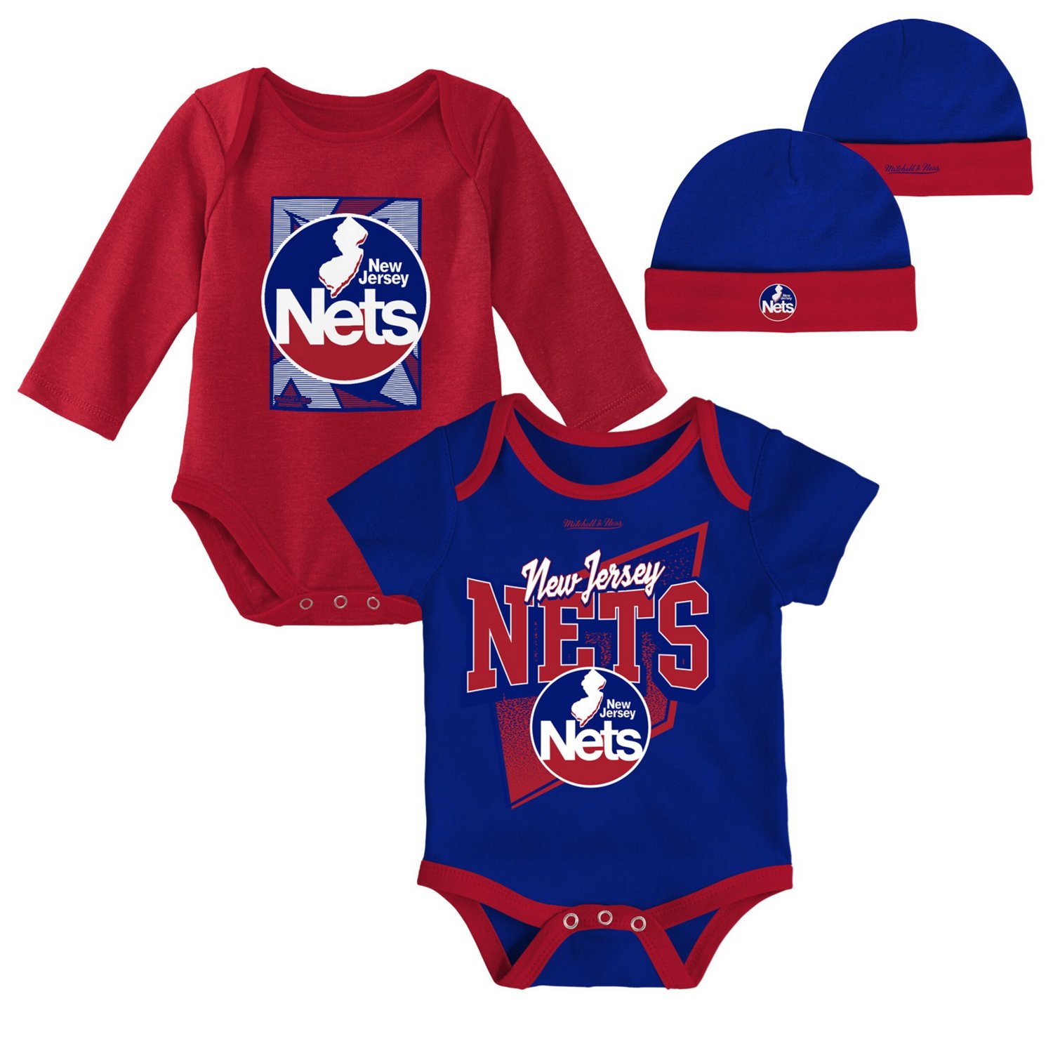 Newborn  Mitchell Ness Red New Jersey Nets 3-Piece Hardwood Classics Bodysuits Cuffed Knit Hat Set